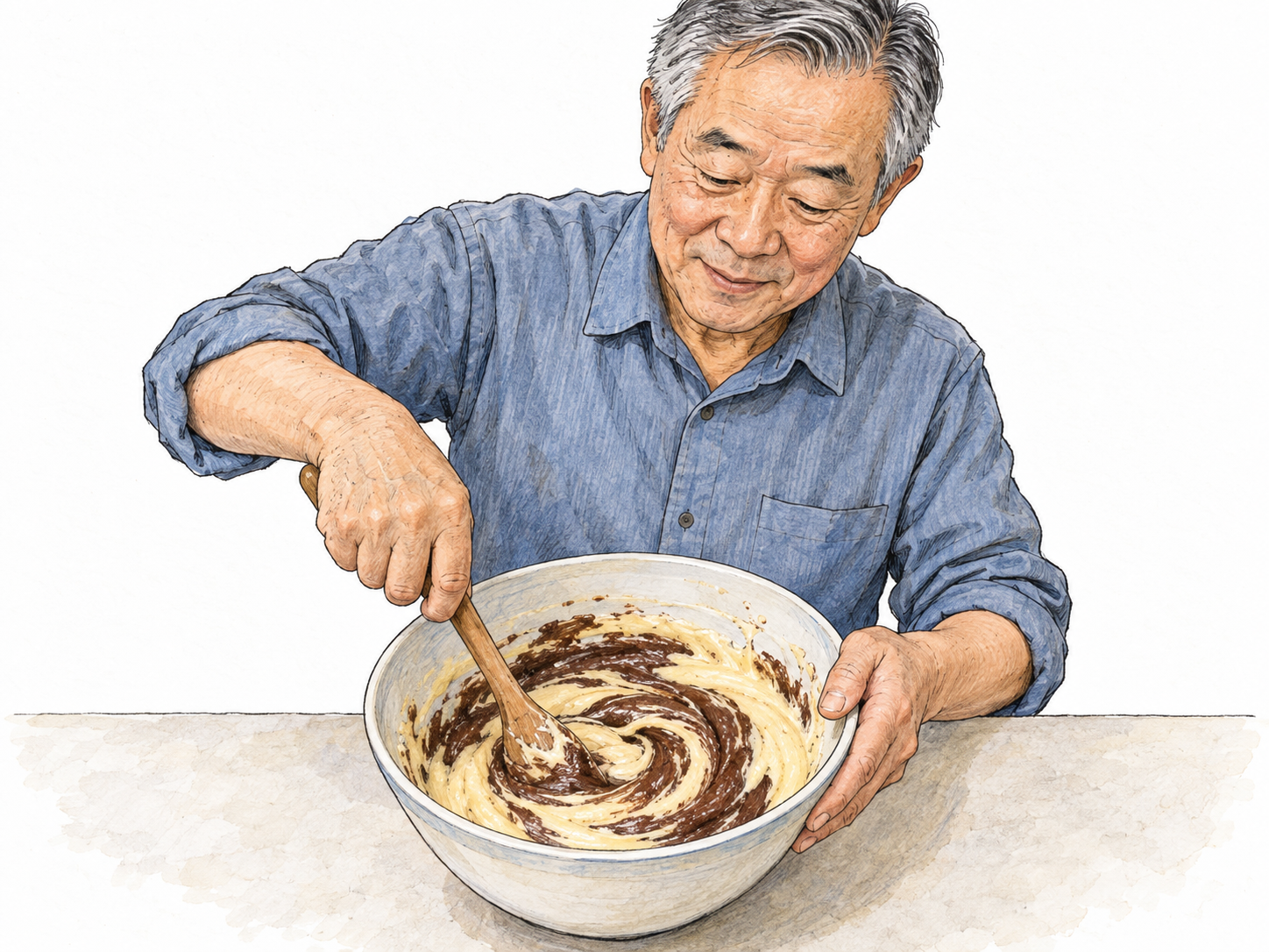 An older man stirs a bowl of pale batter with a wooden spoon; curved ribbons of a darker ingredient visibly swirl through the mixture around the immersed spoon.