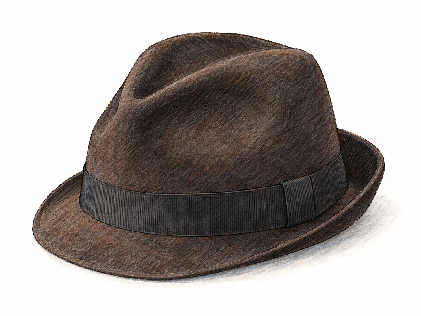 A single soft felt trilby in three-quarter view, clearly showing its narrow brim, downturned front, upturned back, and pinched, indented crown.