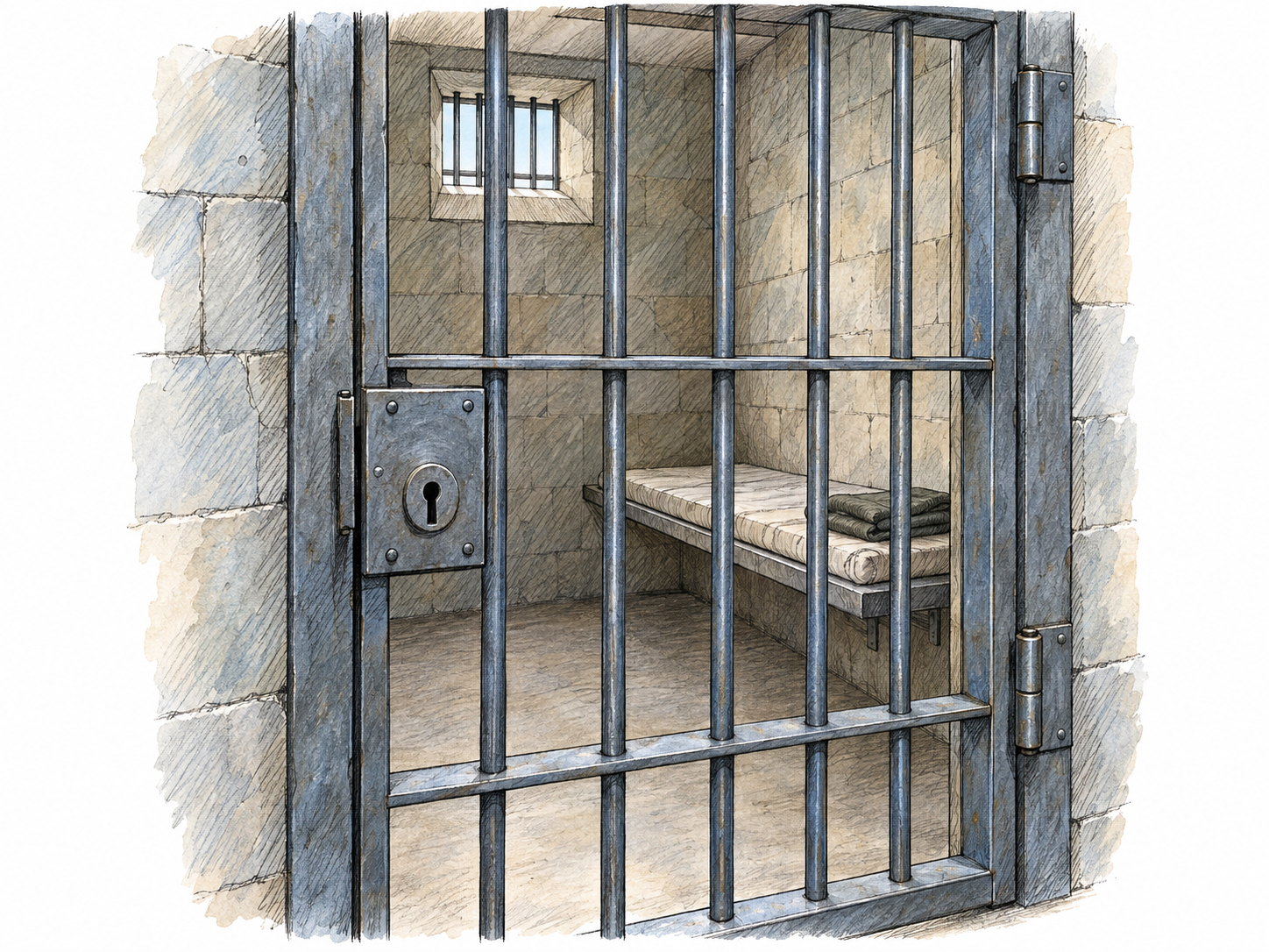 An empty jail cell viewed through its closed steel-bar door, with a conspicuous lock, a narrow fixed bunk, and a small high barred window.