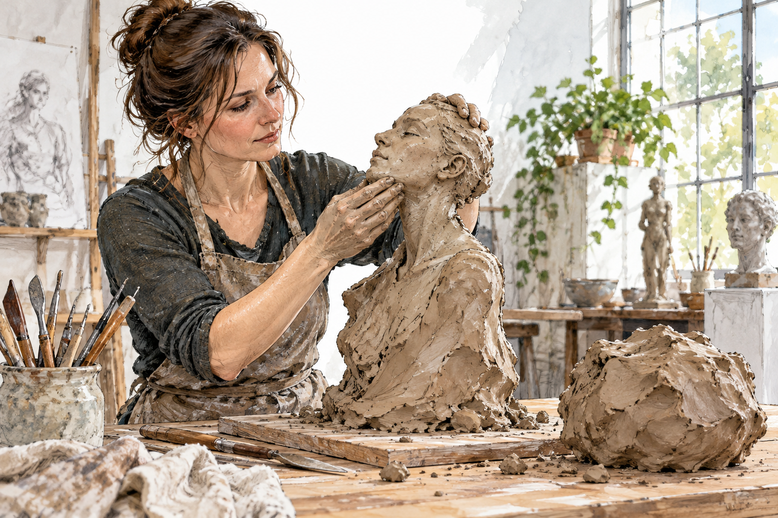 An artist creates a new sculpture from a lump of clay, one hand shapes the emerging form while raw clay remains beside it.