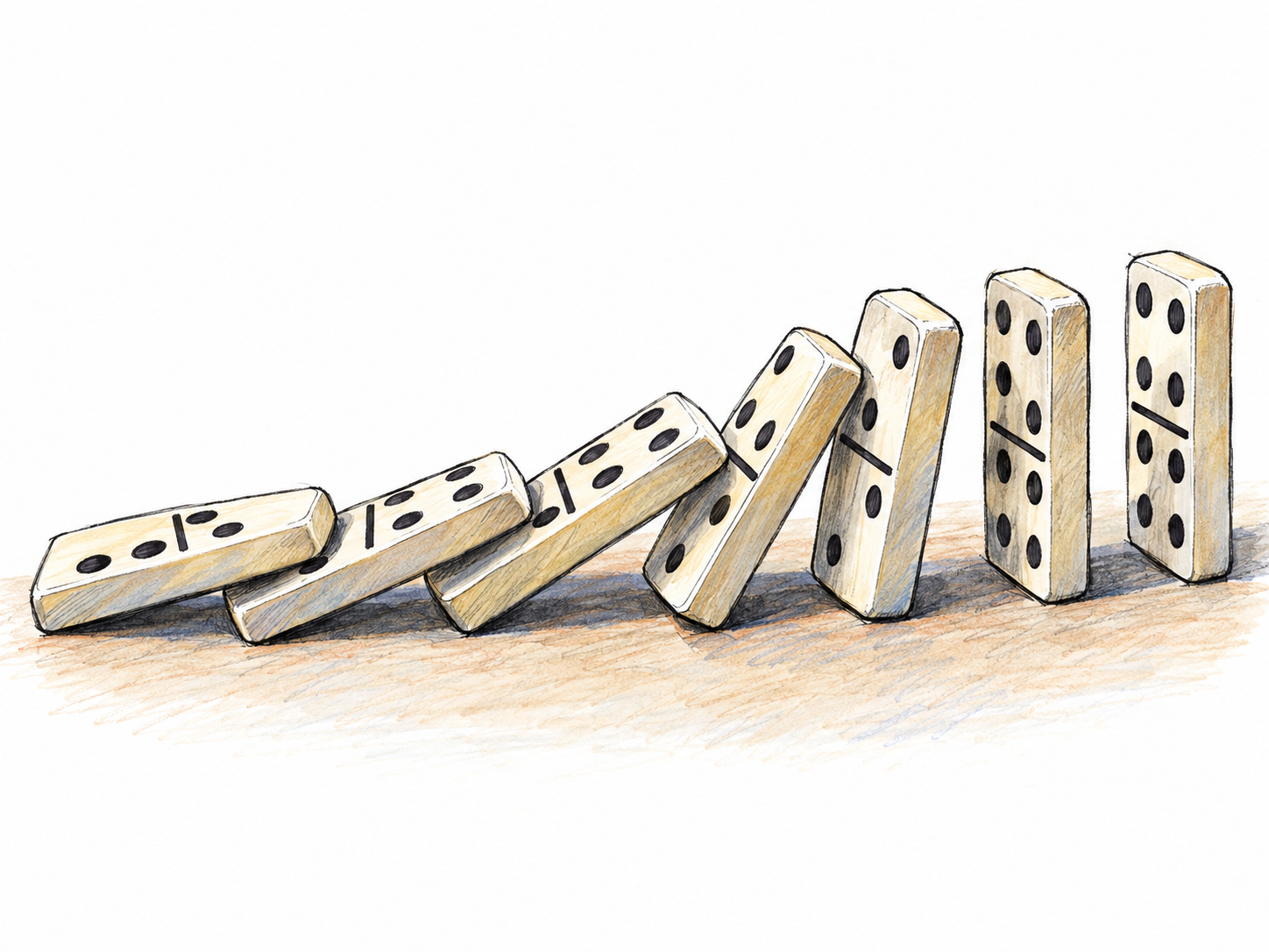 A row of dominoes caught in a chain reaction: fallen tiles on the left lead into tiles visibly knocking against one another in the center, while the remaining tiles still stand on the right.