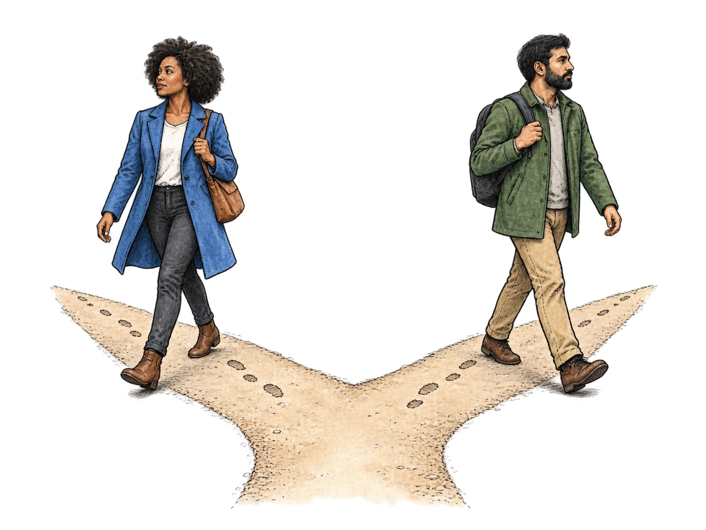 Two walkers leave common starting spot and take sharply different directions at simple Y fork, footsteps outward; tiny path fragment only, no trees or scenery.