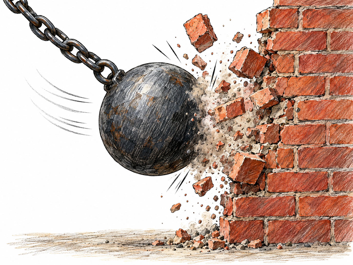 A heavy wrecking ball strikes a brick wall at the instant of impact, with bricks bursting outward and a small, sharp dust cloud conveying a sudden loud crash.