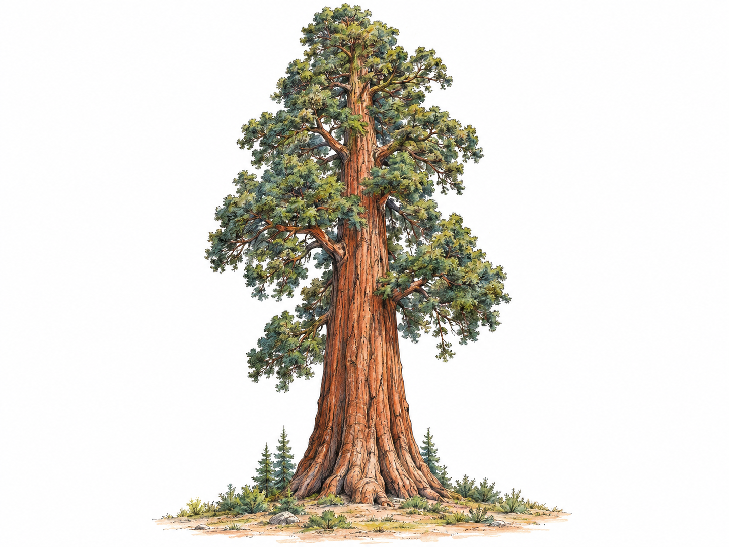 A single towering giant sequoia with a massive, flared reddish-brown trunk and evergreen crown, accompanied by a few small saplings that make its extraordinary size clear.
