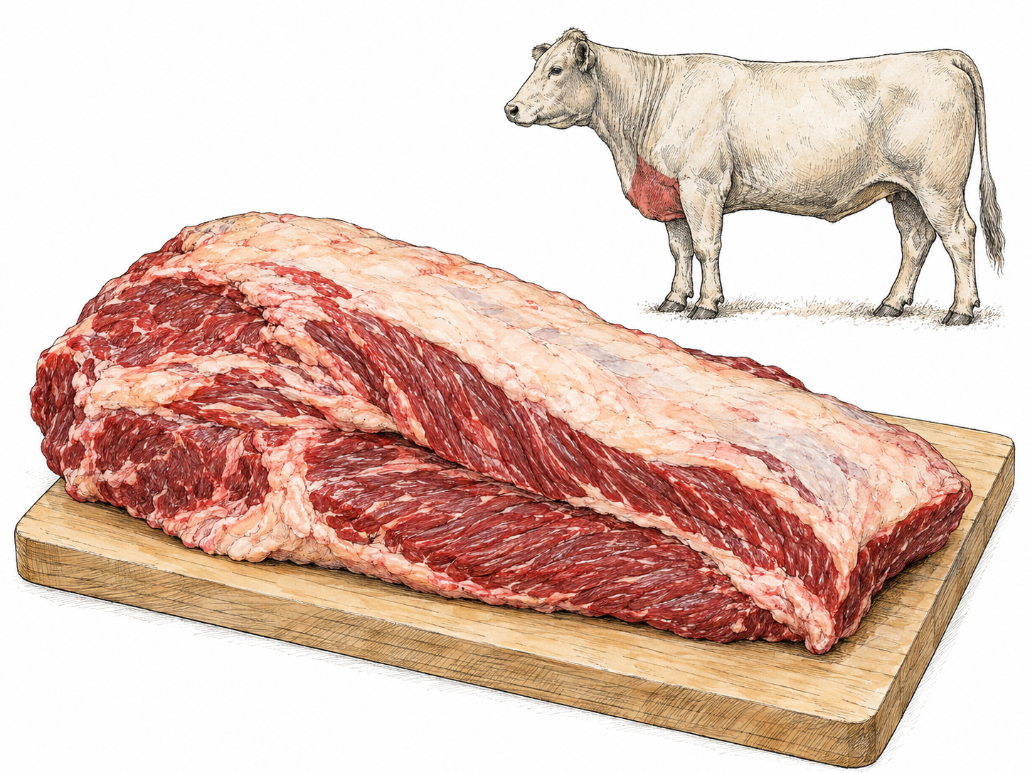 A raw whole beef brisket with its broad fat cap and visible muscle grain, accompanied by a small text-free cattle profile highlighting the lower chest directly behind and between the forelegs.