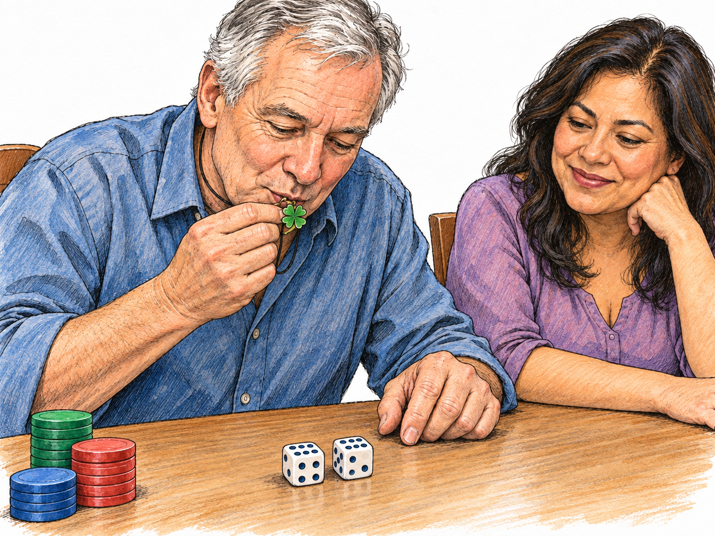 A dice player kisses a personal lucky charm while watching a favorable roll, depicting juju as luck or attributed magical power without claiming to represent a West African tradition.