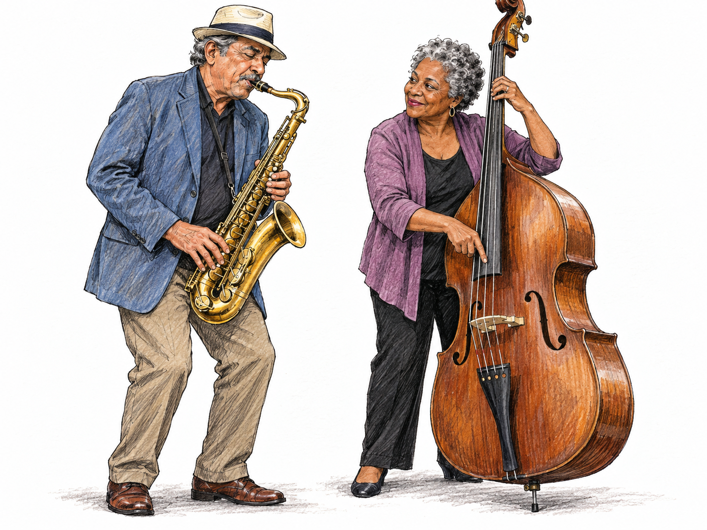 A small contemporary jazz duo: an older saxophonist plays an expressive solo while an older upright bassist plucks a walking accompaniment, both visibly engaged with one another.