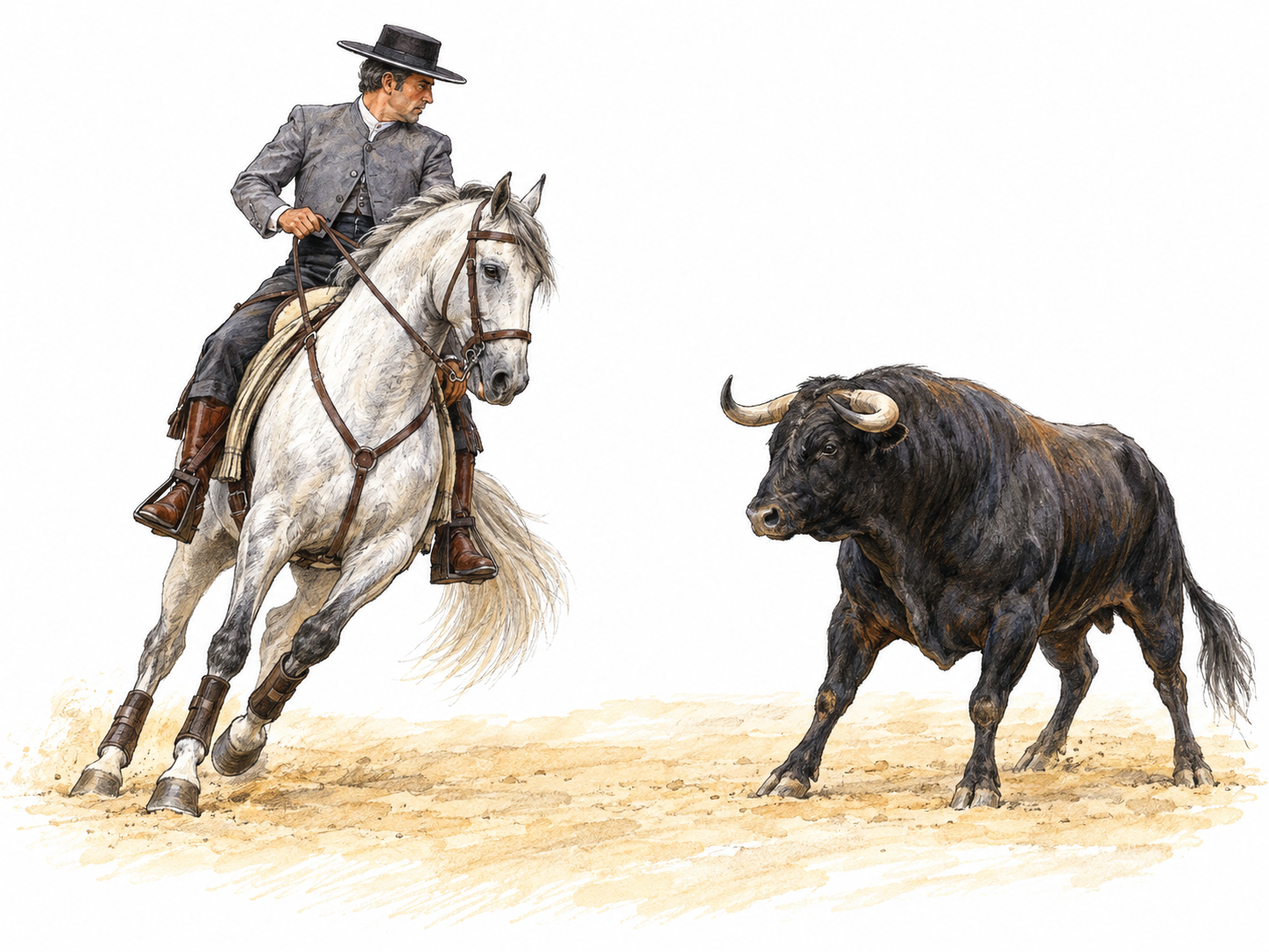A mounted Spanish bullfighter guides his horse in a controlled turn as a bull faces them across a small patch of sandy arena, clearly showing the horseback sense without injury or spectacle.