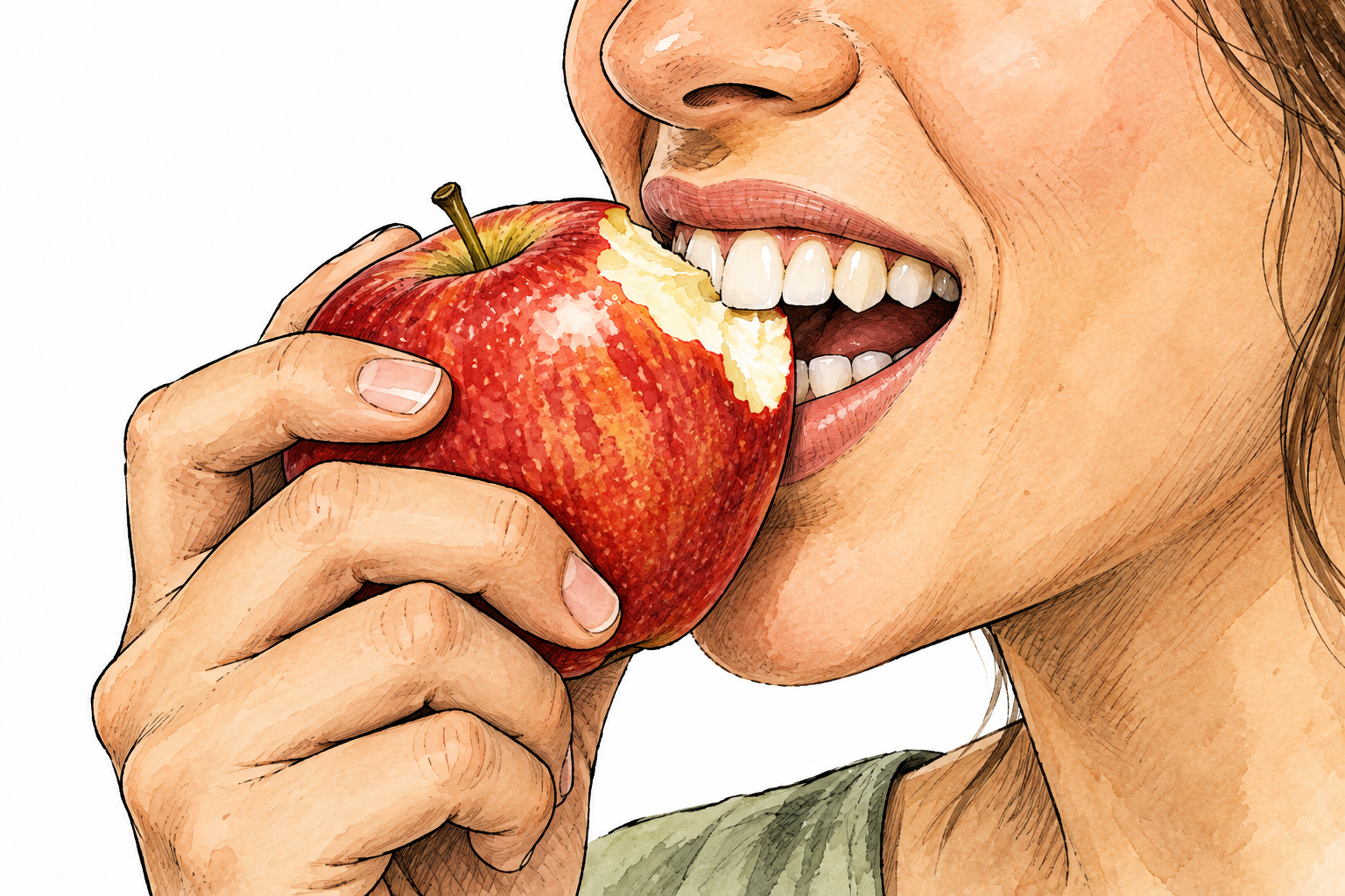 Close view of healthy adult biting crisp apple, hard front teeth clearly visible and natural, no labels.