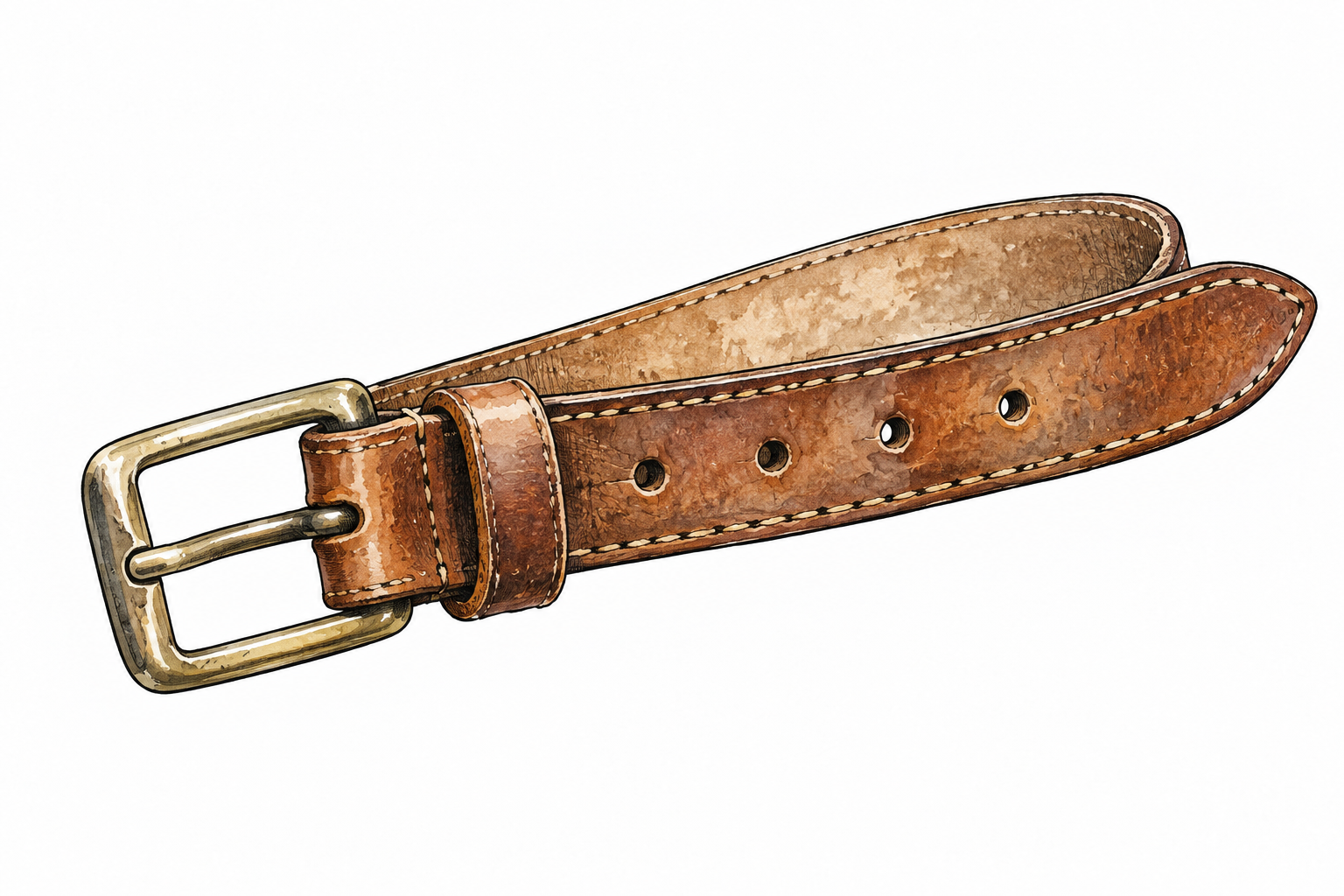 Close view of a narrow brown leather strap with buckle and punched holes.