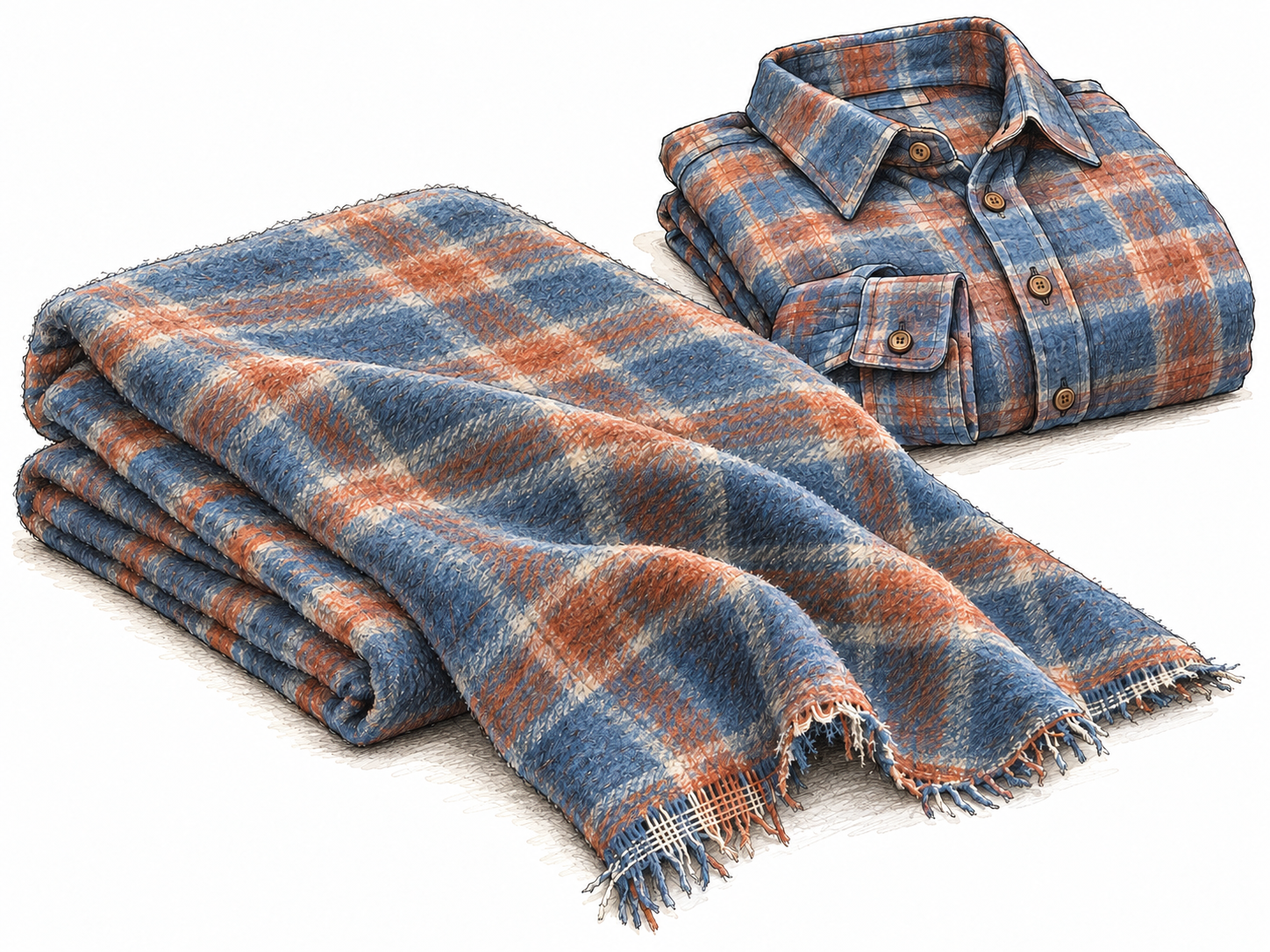 A folded length of soft brushed flannel with one loose corner draped into rounded folds, beside a shirt made from the same muted checked fabric.