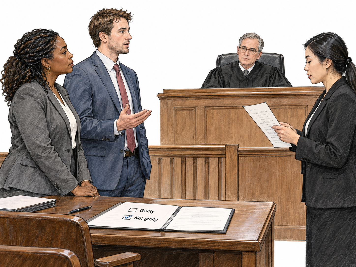 A defendant hears a court clerk read charges and enters a not-guilty plea before the judge.
