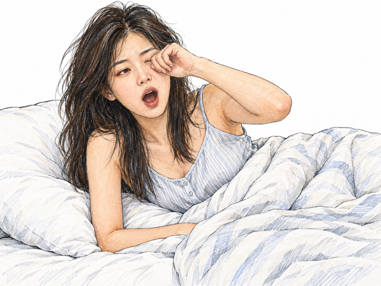 A young woman awakens in bed, lifting her head from an indented pillow and rubbing one opening eye as she pushes herself upright beneath a rumpled blanket.