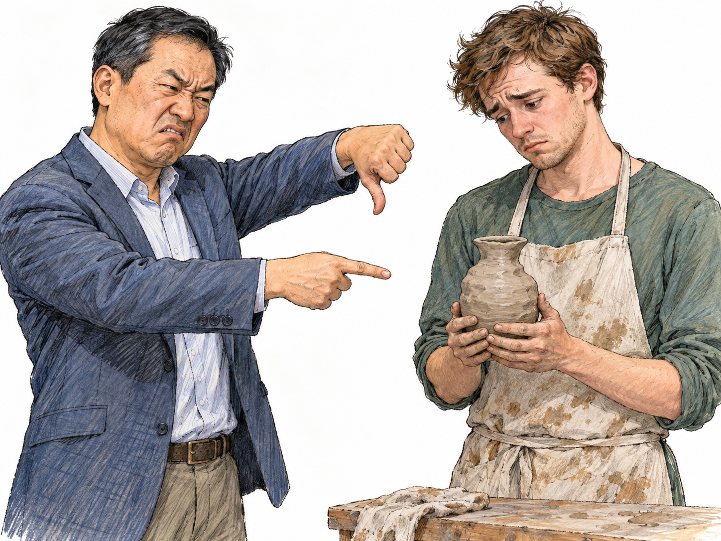 A man openly disparages a handmade clay vase, pointing at it with a contemptuous expression and giving a clear thumbs-down while its maker holds it.