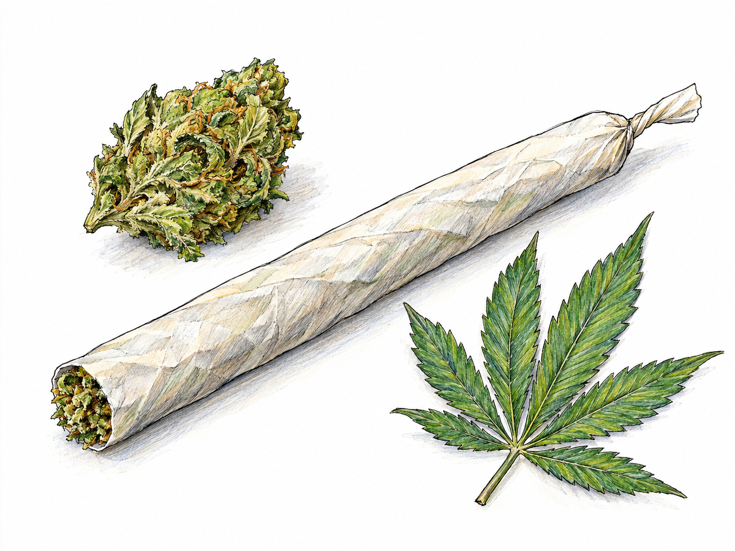 A close-up still life of a hand-rolled marijuana cigarette, with green-brown plant material visible at its open end and a small cannabis bud and recognizable cannabis leaf beside it to distinguish it from a tobacco cigarette.