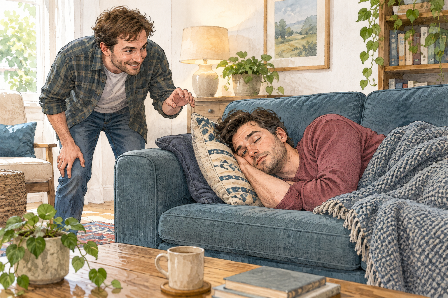 An adult pretends to be asleep on a sofa, one eye slightly open while a friend approaches, harmless deliberate pretense.