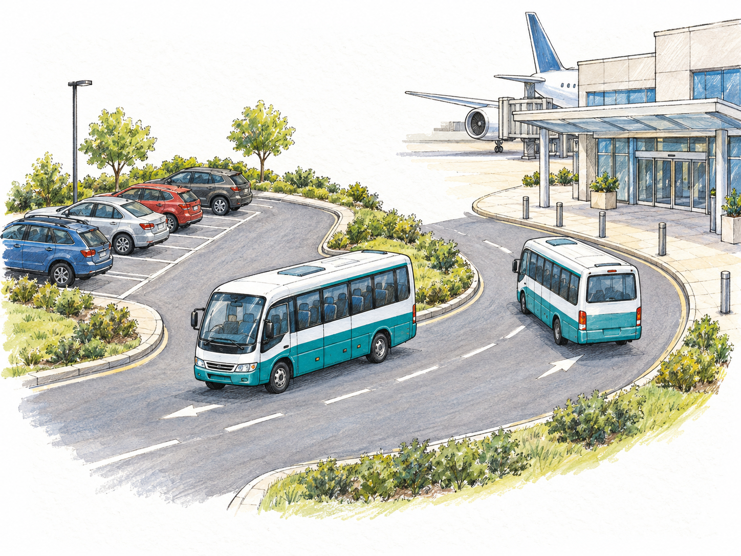 Two matching airport minibuses travel in opposite directions on a short loop connecting a parking area and an airport terminal, making the back-and-forth transport service visible.