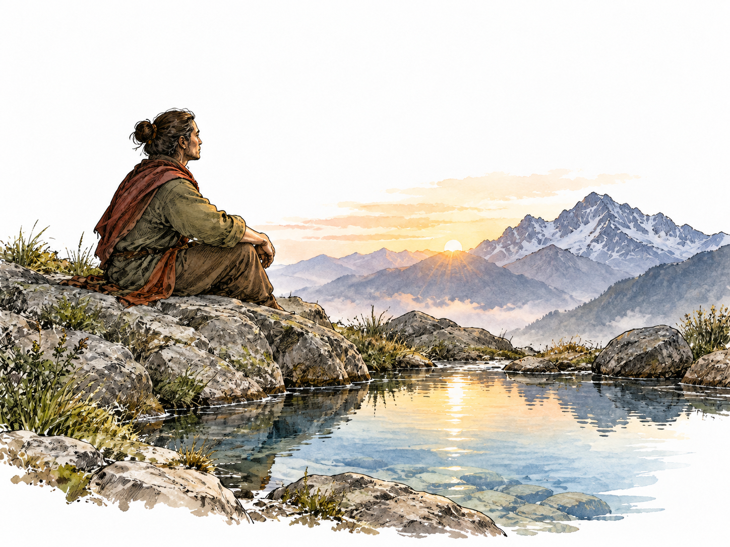 A contemplative mystic sits quietly beside a mountain pool at dawn, soft atmospheric light, no supernatural claims.