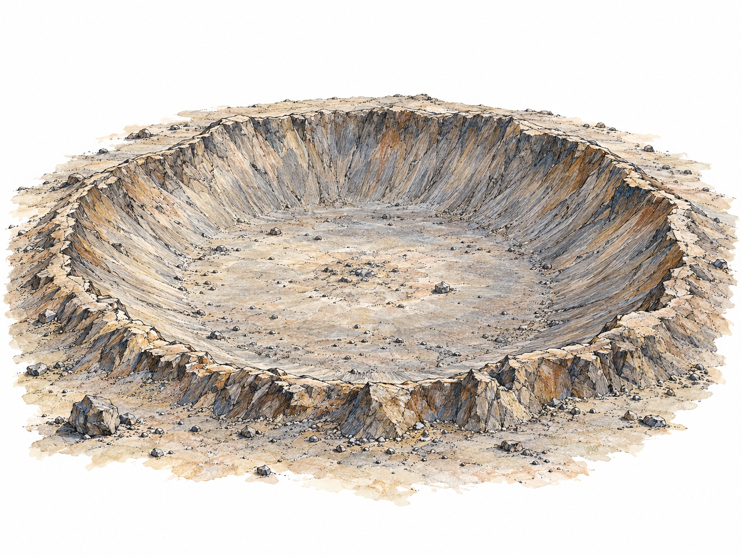 An oblique aerial view of one large impact crater in a bare rocky plain, with a raised circular rim, sloping inner walls and a broad sunken floor clearly revealing its bowl-shaped hollow.