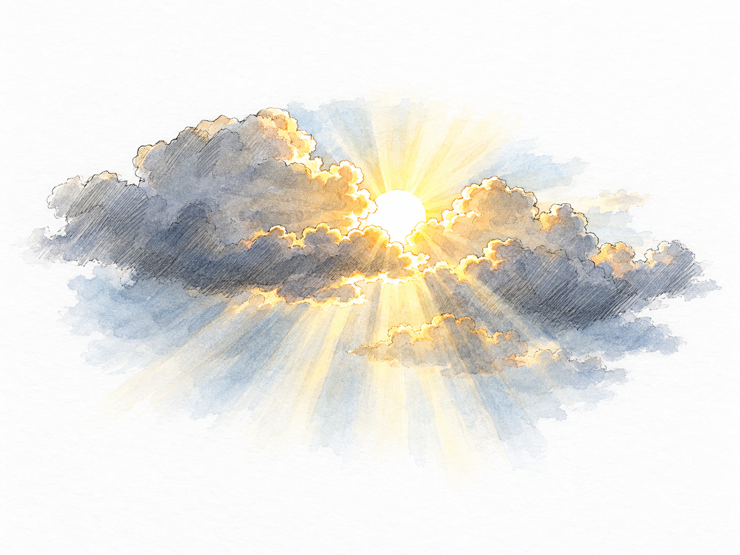 A brilliant sun emerging through a small opening in clouds, casting distinct golden rays and illuminating the cloud edges.