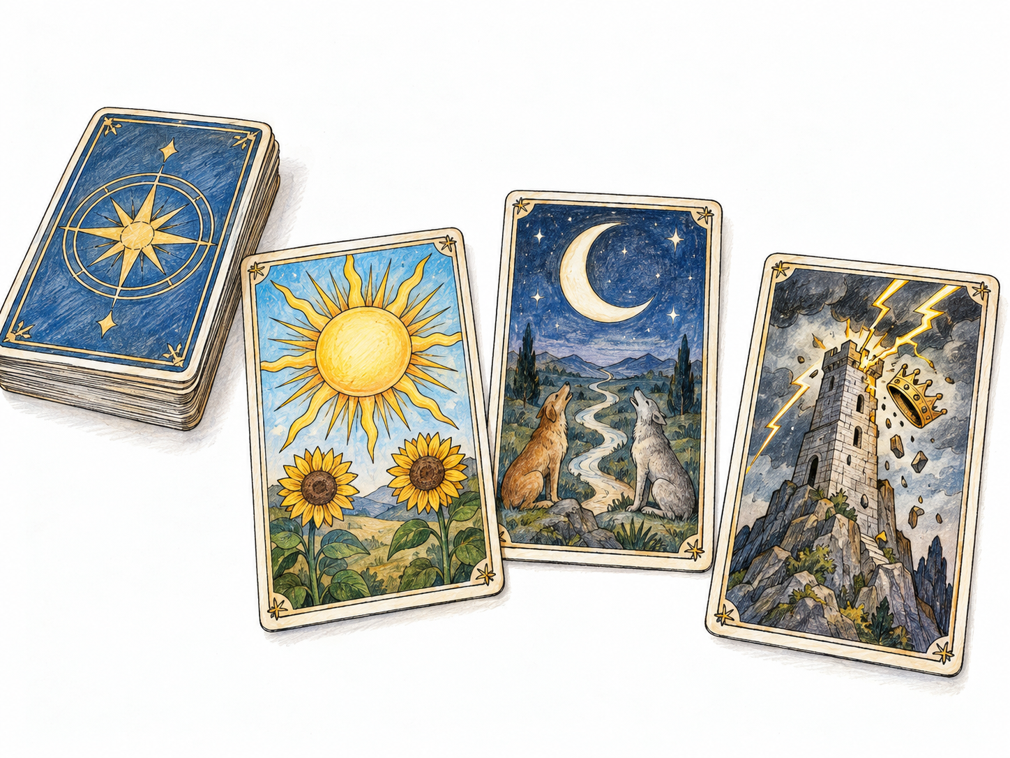 A small spread of recognizable tarot cards beside their face-down deck, with prominent pictorial major-arcana imagery and no lettering.