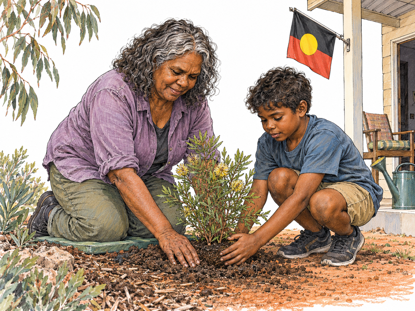 An Aboriginal Australian grandmother and grandson at their home on Country, combining contemporary everyday residence, intergenerational connection, and a clearly recognizable Aboriginal flag without invented ceremonial or community-specific markers.