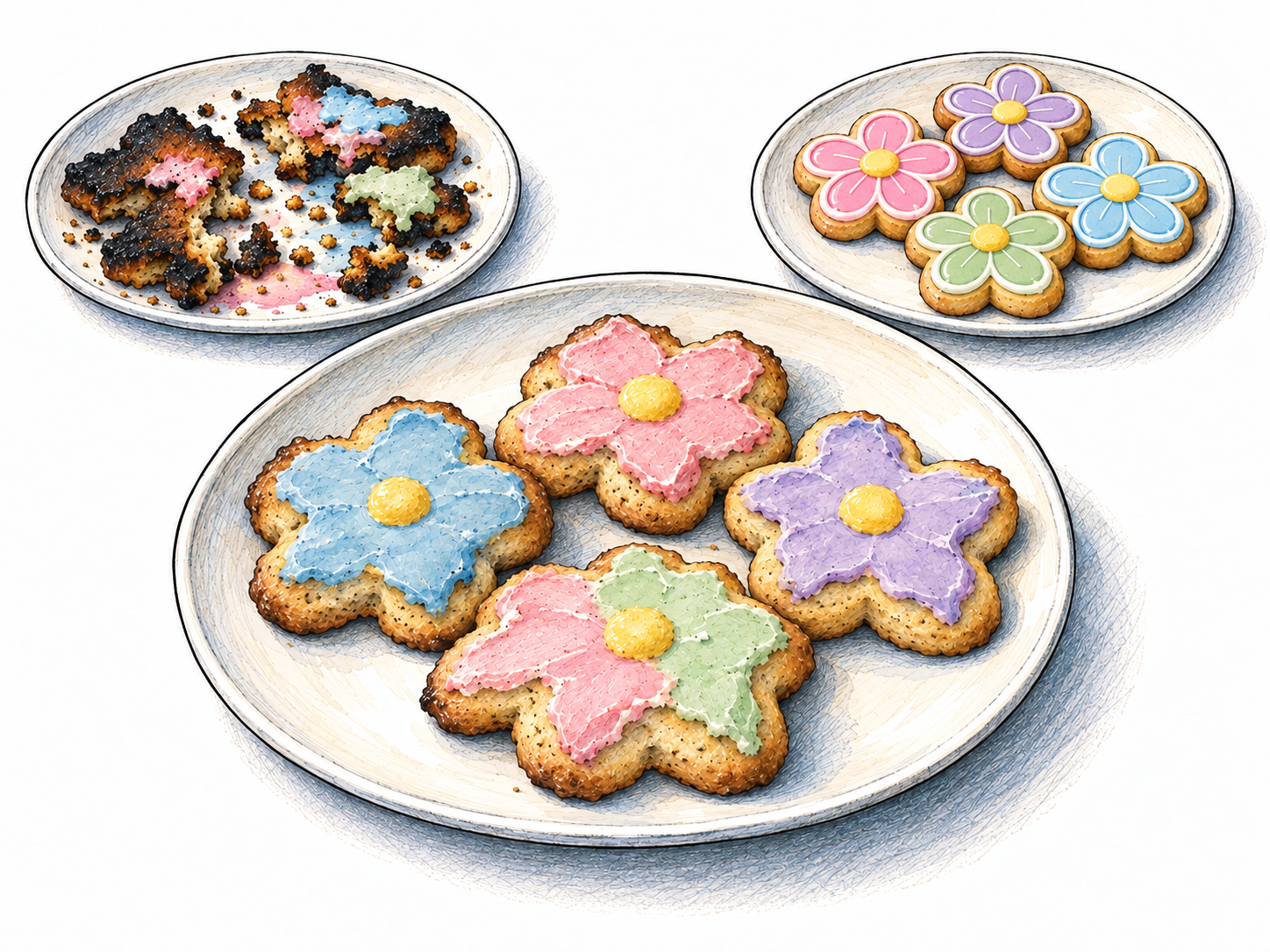 Three batches of iced cookies provide a visible quality comparison: the prominent central batch is serviceable but uninspired, between a ruined batch and an exceptionally well-finished batch.