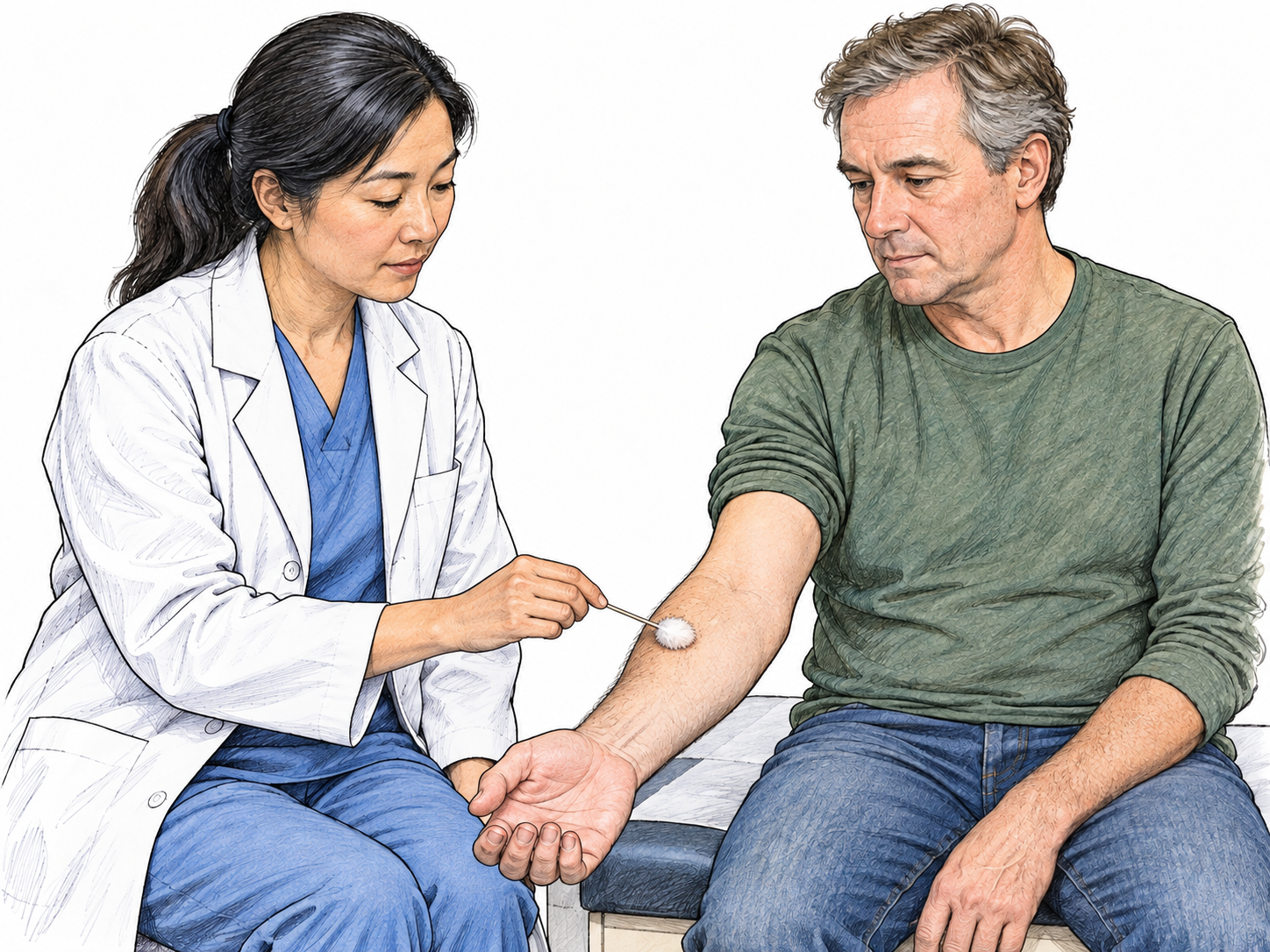 A clinician lightly touches an adults forearm with a soft cotton wisp while the adult watches without feeling it; neutral educational loss-of-sensation scene, no hot objects, needles or diagnostic claim.
