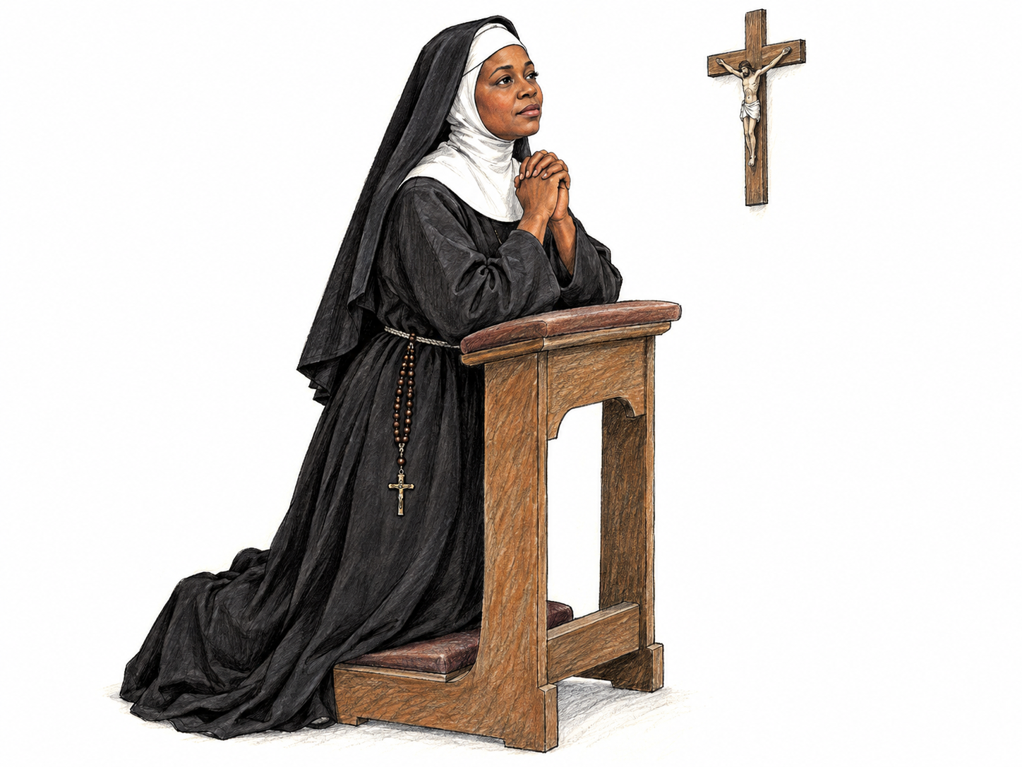 A Catholic nun in a traditional black habit and white wimple kneels in prayer at a simple convent chapel kneeler, with a rosary hanging visibly from her belt.