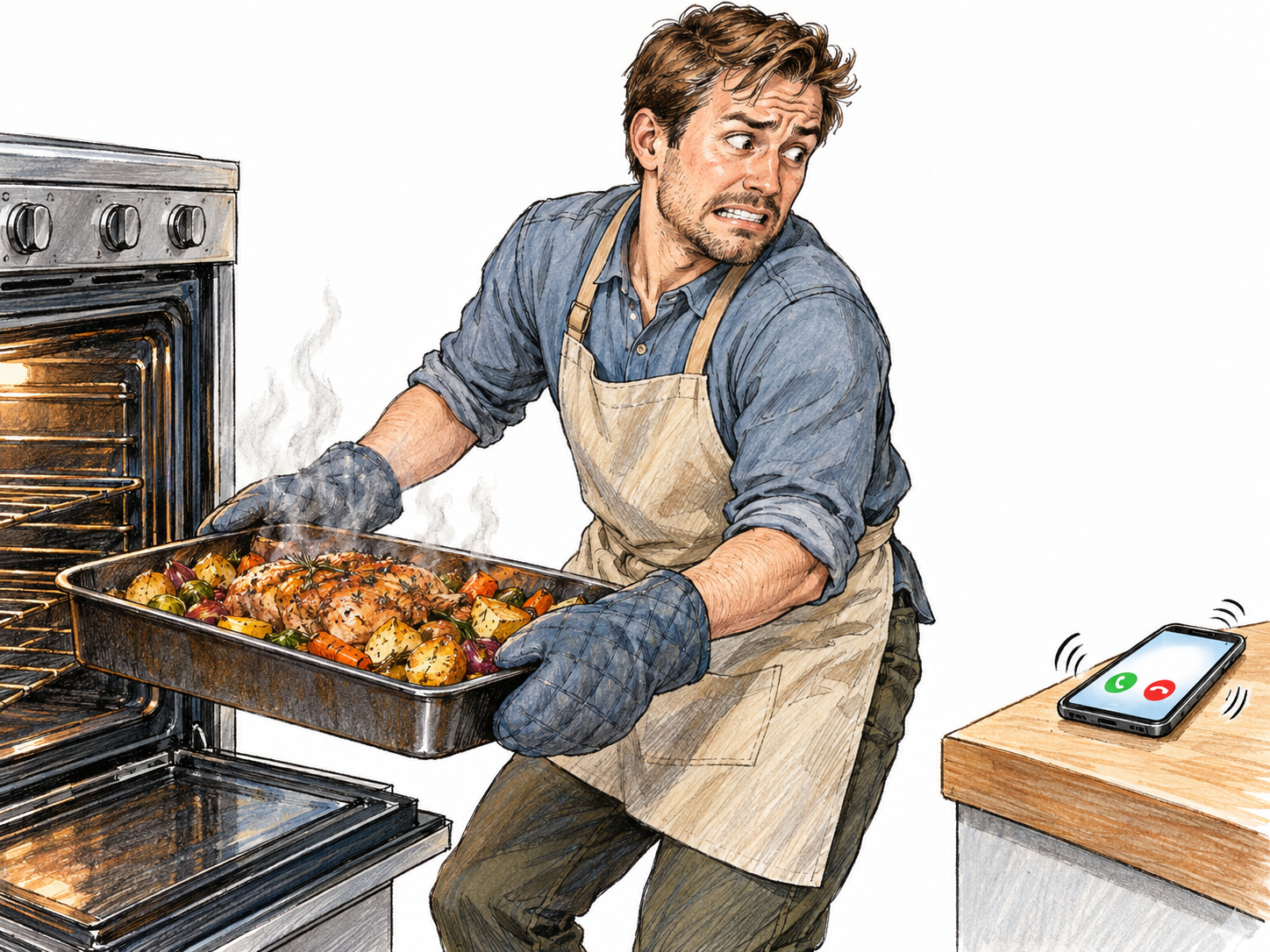 A phone rings just as a cook is lifting a heavy, steaming roasting tray out of the oven, with both hands occupied and no safe way to answer.