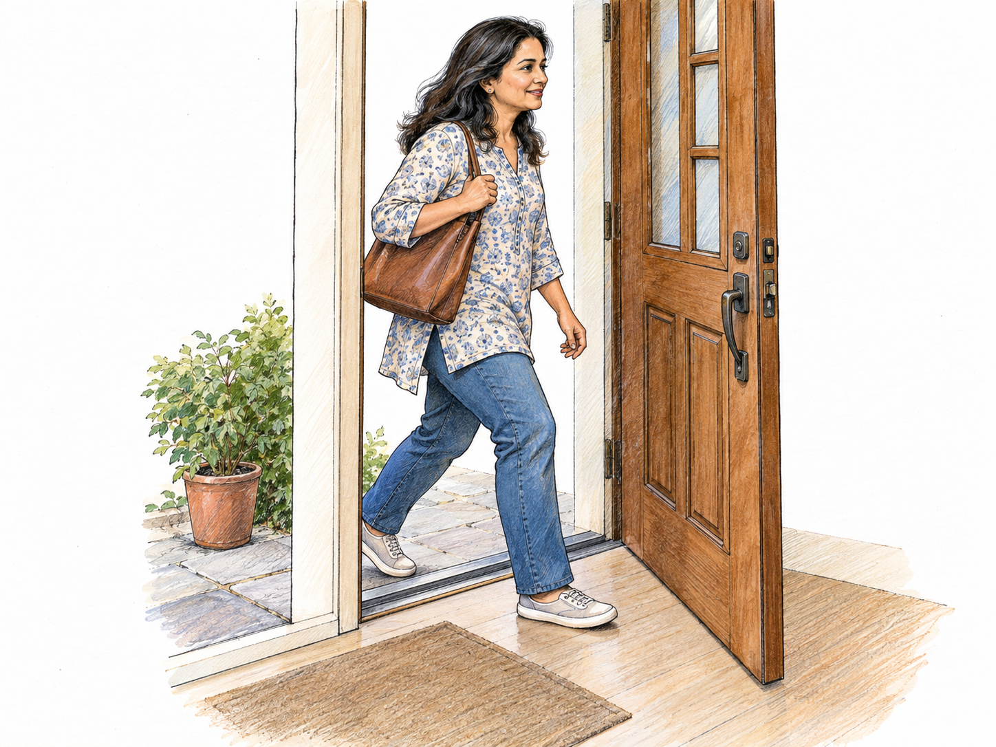 A woman actively crosses an open house doorway from the outdoor doorstep into the room, with her leading foot planted inside and her trailing foot still outside.
