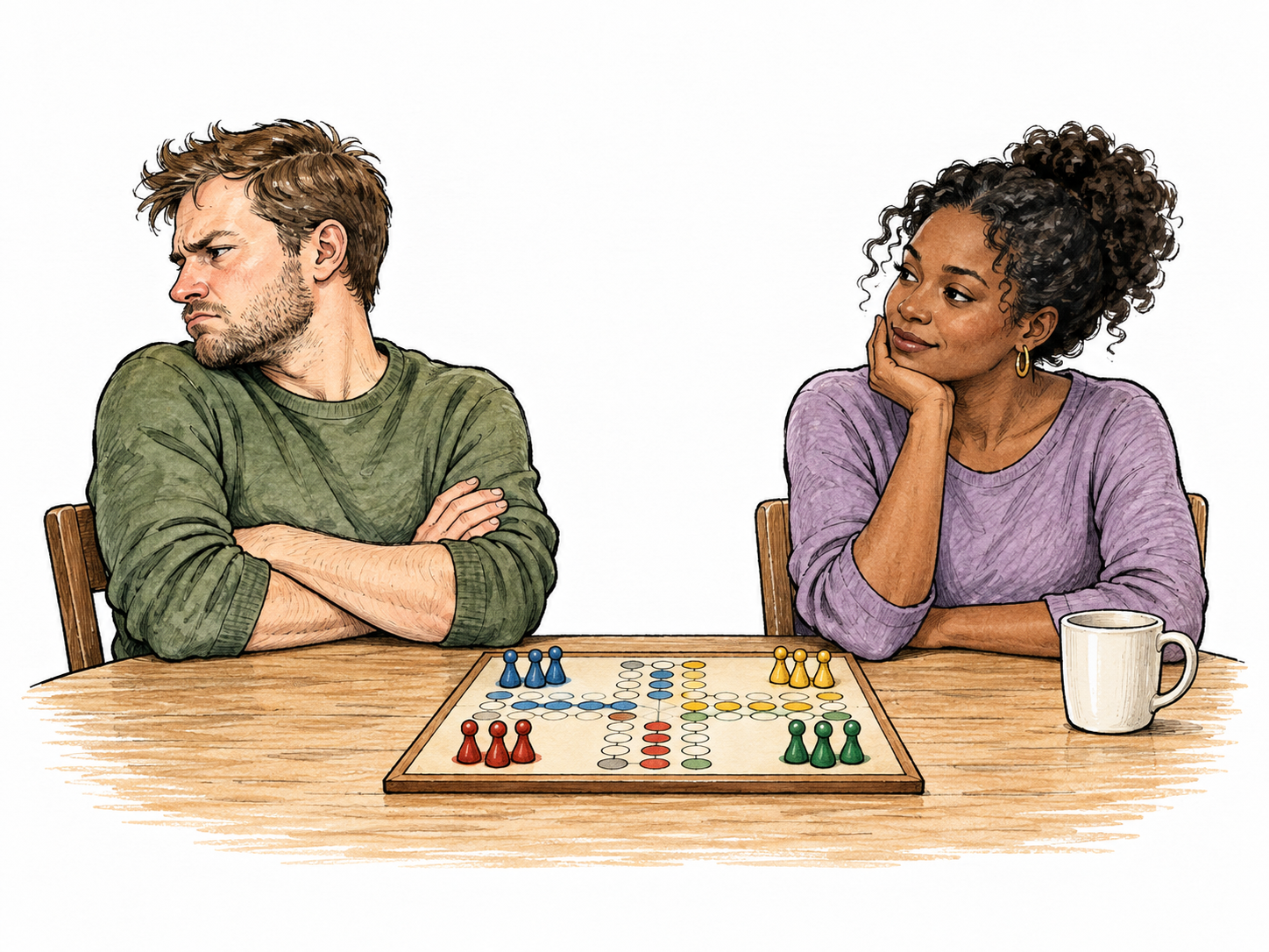 After losing a simple board game, a player silently turns away with folded arms while a friend waits calmly, no numbers or letters on board.