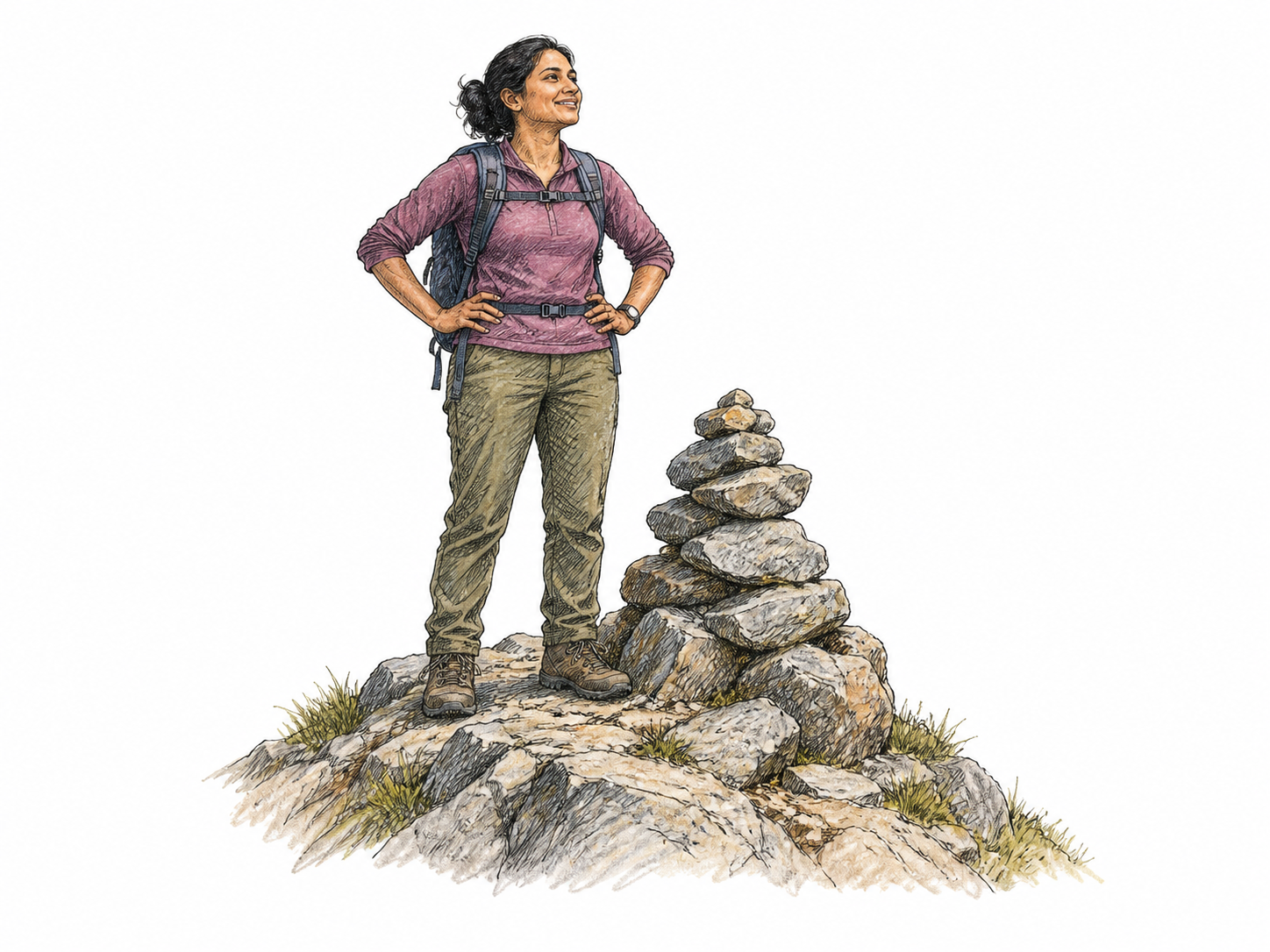 A hiker reaches the summit cairn after an ascent and plants both feet beside it with relieved satisfaction, compact rocky peak fragment, no landscape panorama or flags.