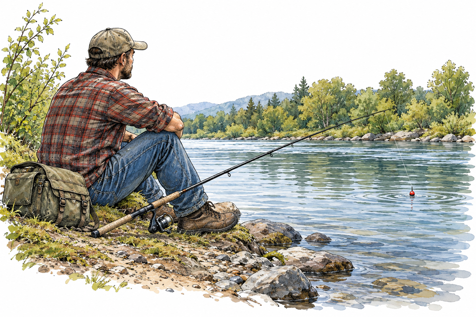 Patient fisher sitting quietly beside river, rod resting and bobber still, waits for suitable moment.