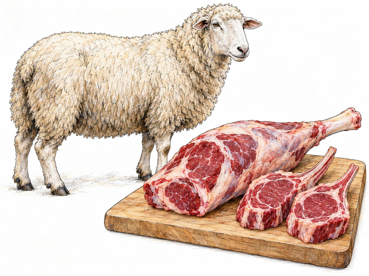 A compact source-and-food pairing: a clearly mature, heavy-bodied sheep beside a prominent butcher's board holding a large dark-red sheep leg cut and thick chops.