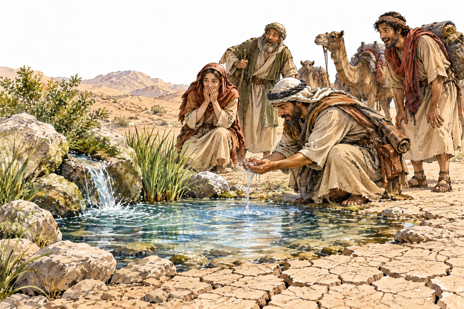 A fictional miraculous scene: clear water appears in a dry cracked desert spring as astonished travelers watch with wonder, no claims or religious text.