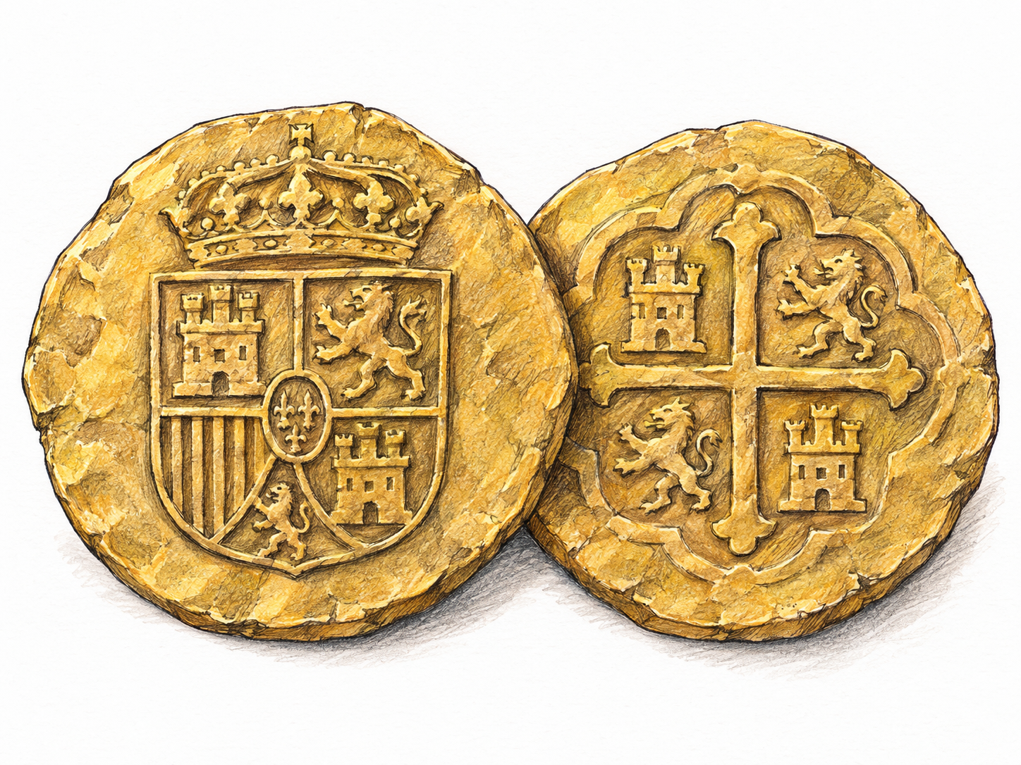 A close view of a worn Spanish gold doubloon, with its crowned heraldic shield prominent; a second coin turned over reveals a cross with castles and lions.