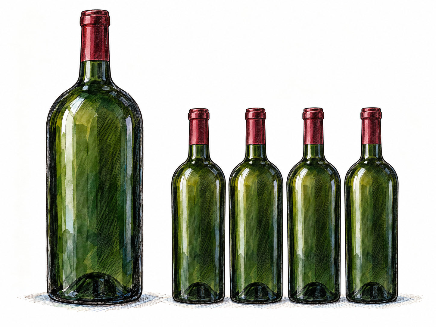 One oversized wine bottle beside four matching standard wine bottles, making its approximately four-bottle capacity clear through comparison.