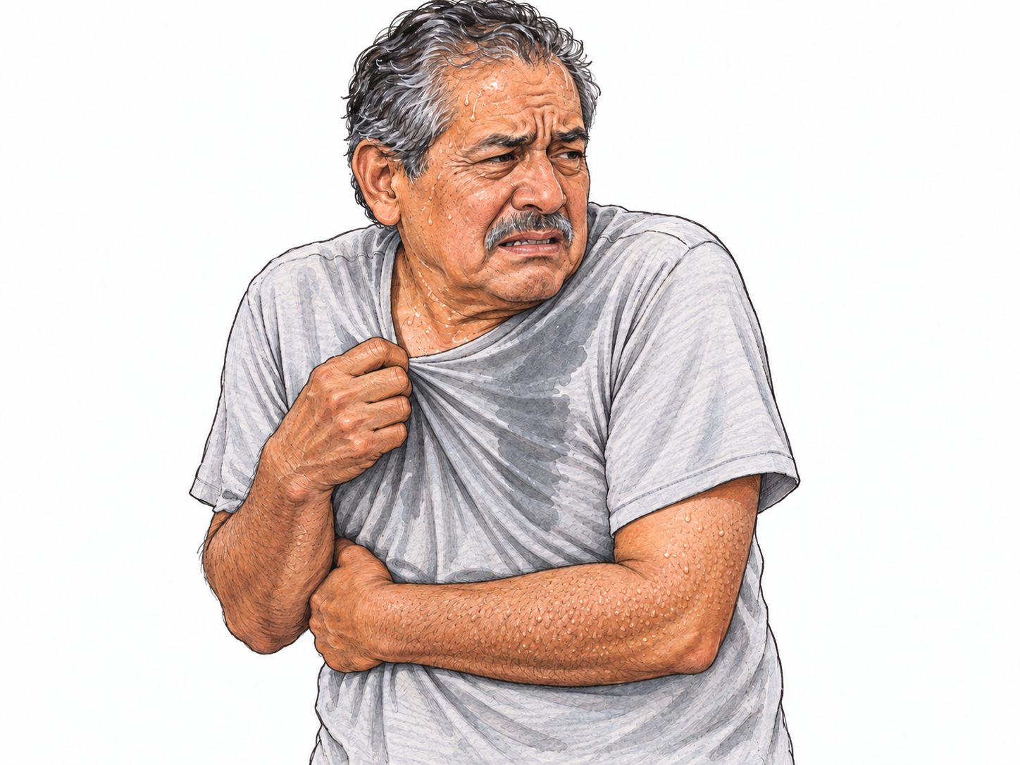 An older man shivers while peeling a damp, clinging shirt away from his chest; moisture on his skin, raised goosebumps, and his uncomfortable expression suggest cold, sticky dampness rather than refreshing wetness.