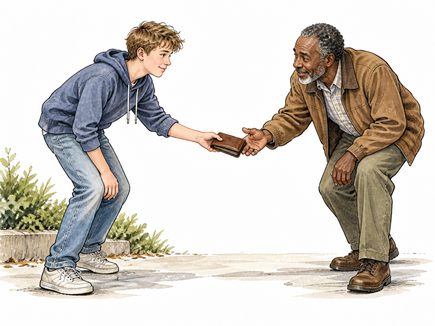 A white teenager returns a dropped wallet to an older Black owner, choosing honesty.