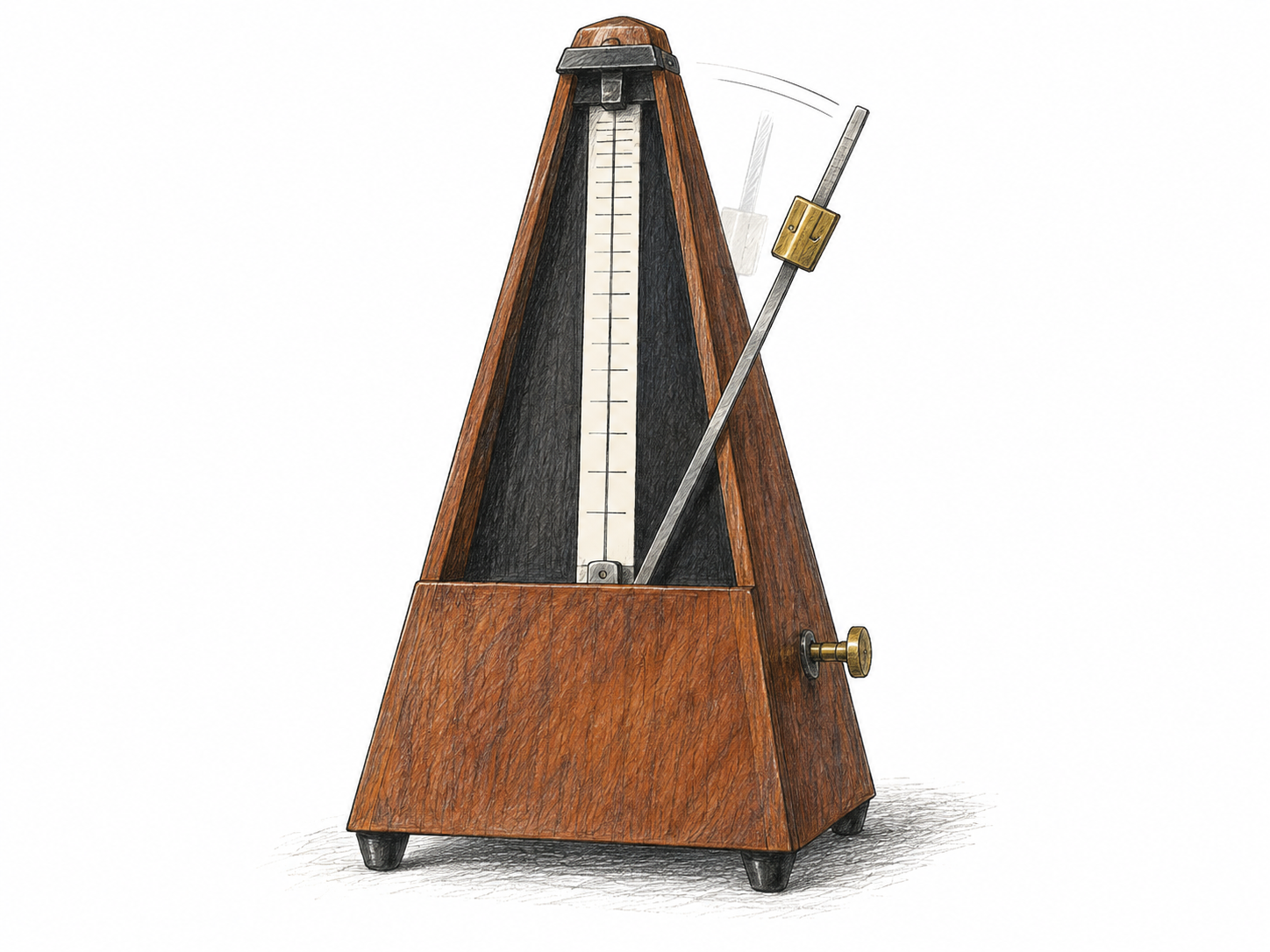 Classic wooden pyramidal mechanical metronome with upright pendulum rod, sliding brass weight and a single faint neighboring motion trace showing steady oscillation; essential scale ticks only, no words.