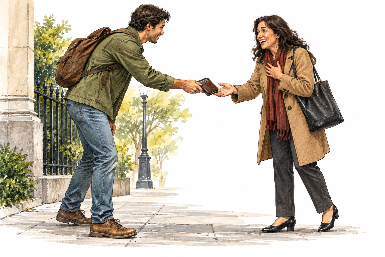 A person finds a dropped wallet and returns it intact to its relieved owner, honesty revealing distinctive moral character.