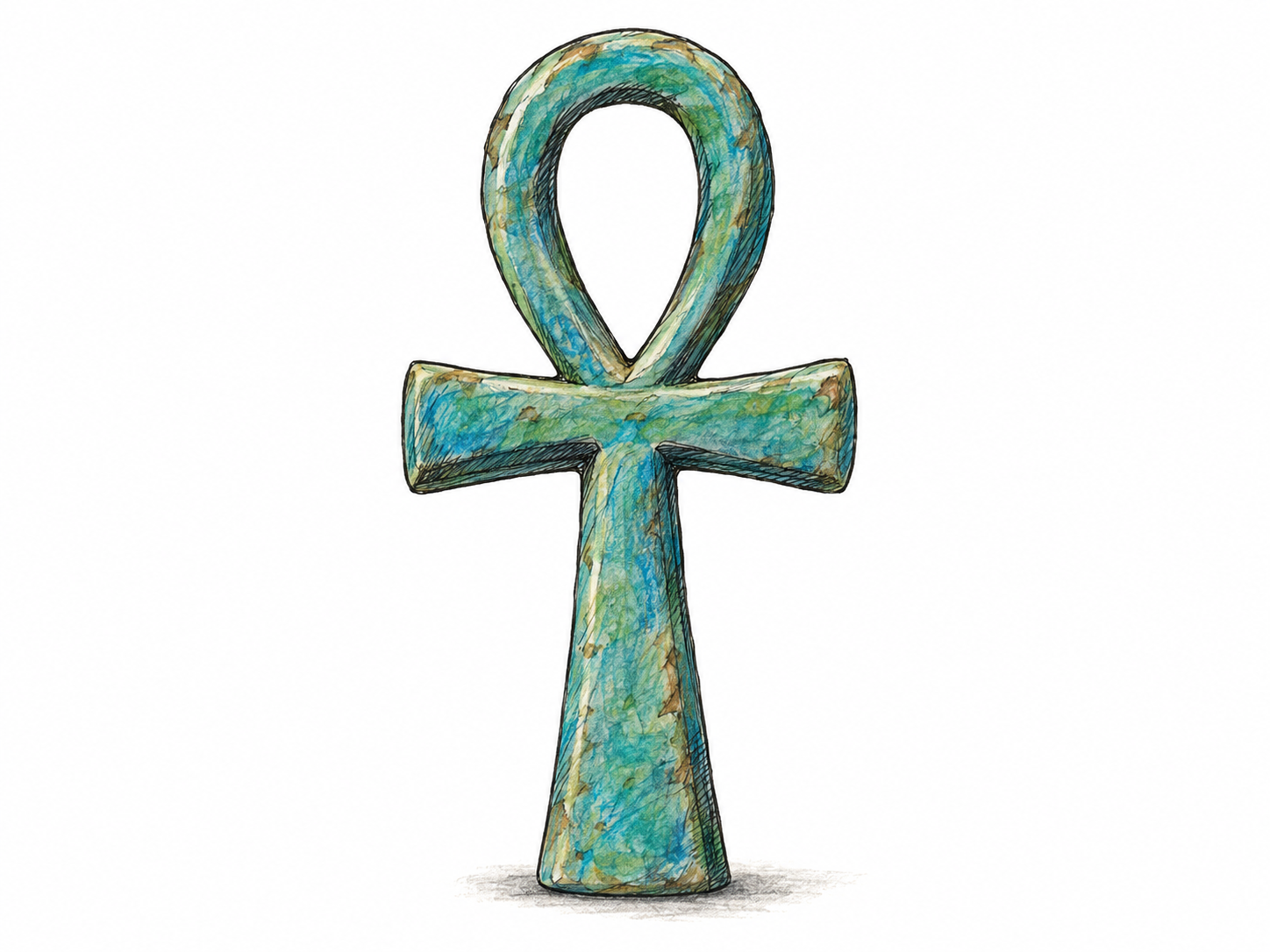 A single ancient Egyptian ankh amulet shown front-facing, with its distinctive oval loop, horizontal crossbar, and long lower stem clearly visible.
