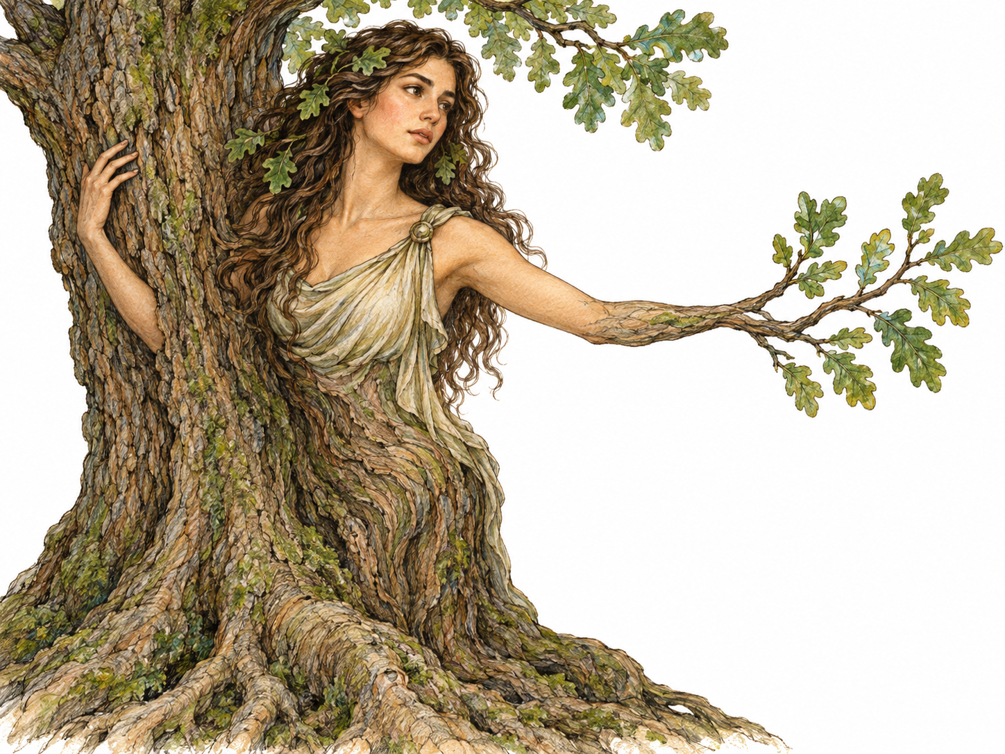 A female wood nymph emerges from a living oak, her lower body visibly continuous with the trunk and her fingers becoming leafy twigs, making the spirit's dwelling within the tree unmistakable.
