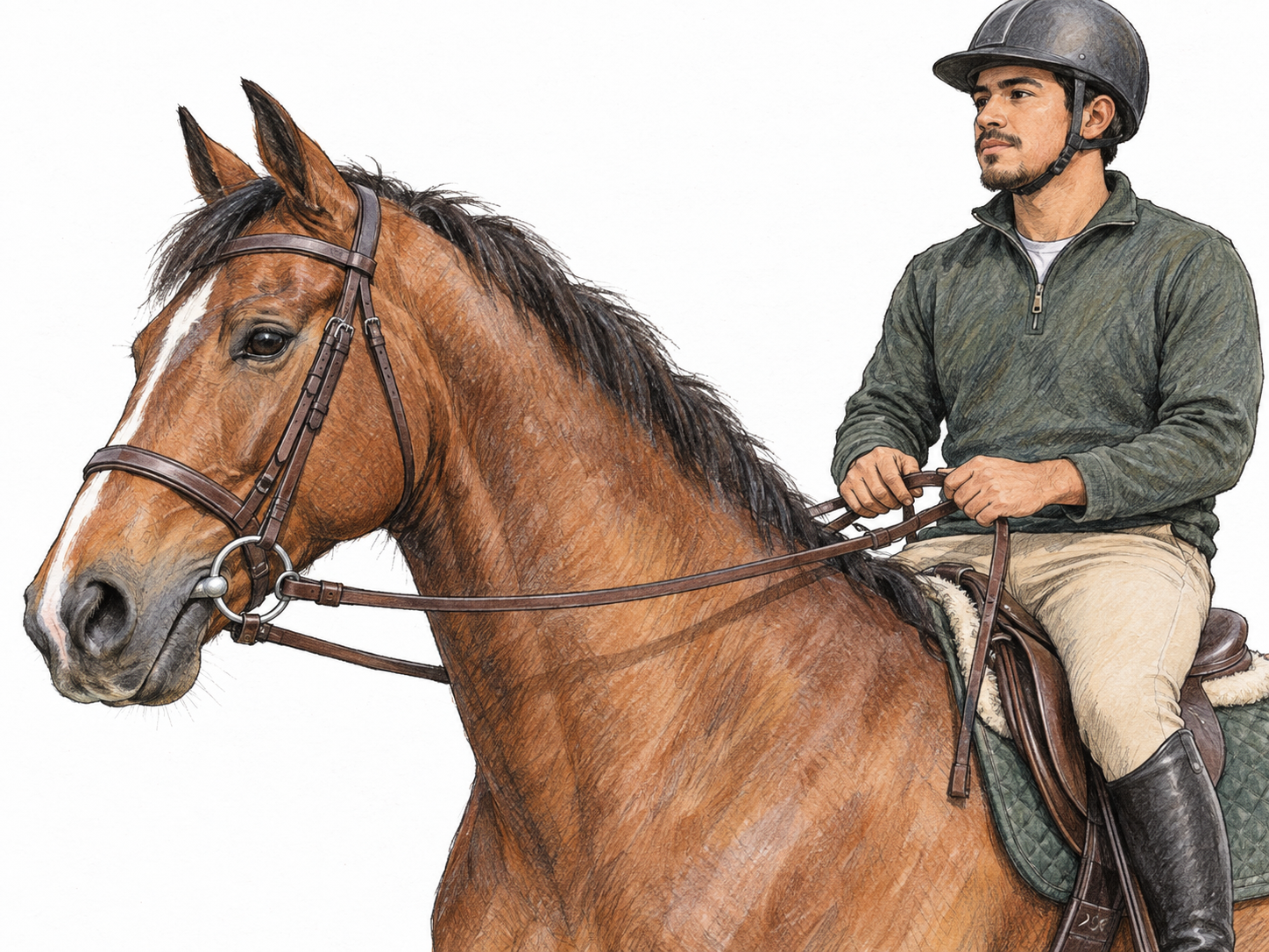 A close three-quarter view of a bridled horse and its rider, with the leather reins clearly traceable from the bit rings to the rider’s hands.