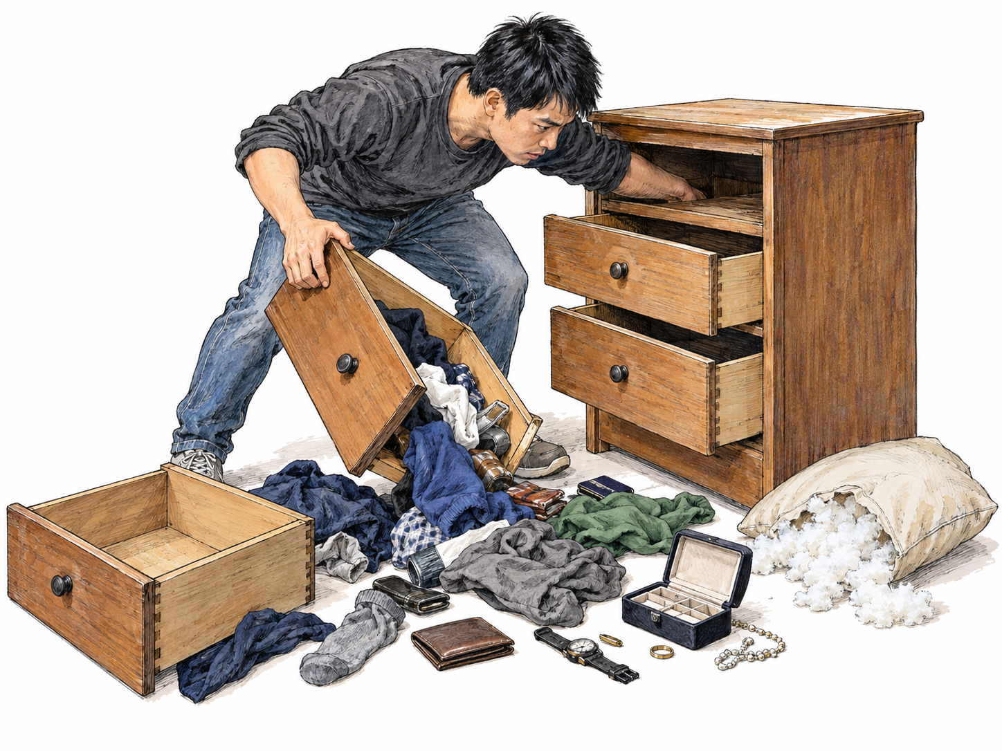 A man aggressively searches a chest of drawers, tipping a pulled-out drawer so its contents tumble onto an already disordered floor while reaching into the exposed compartment.