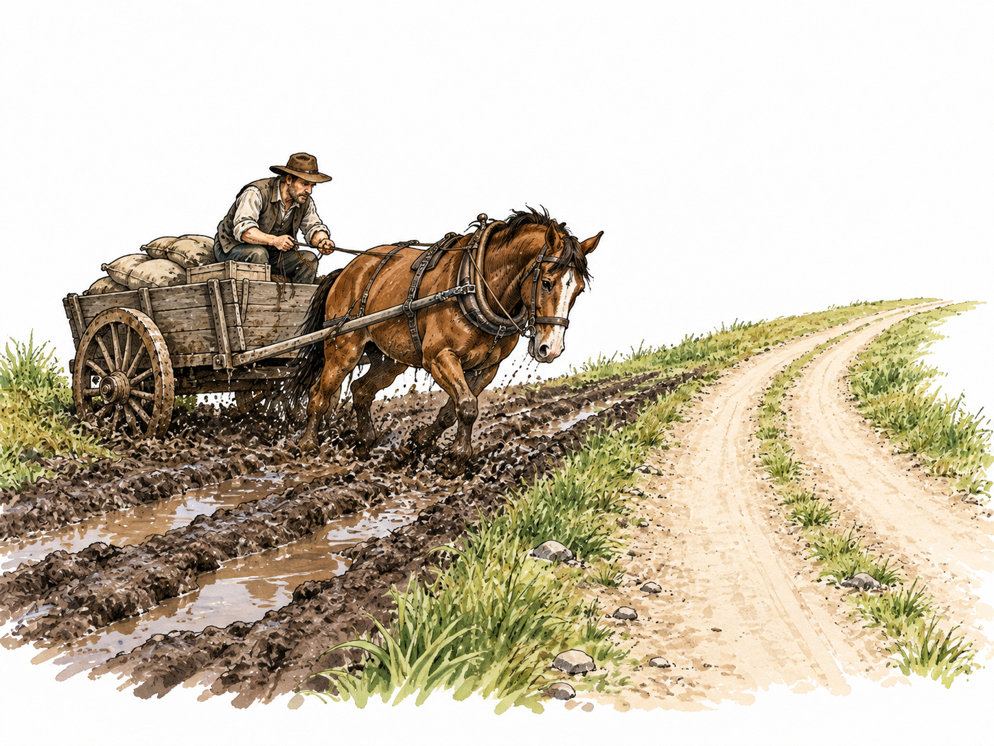 A cart progresses slowly through deep mud compared with a clear dry track nearby, delay in movement.