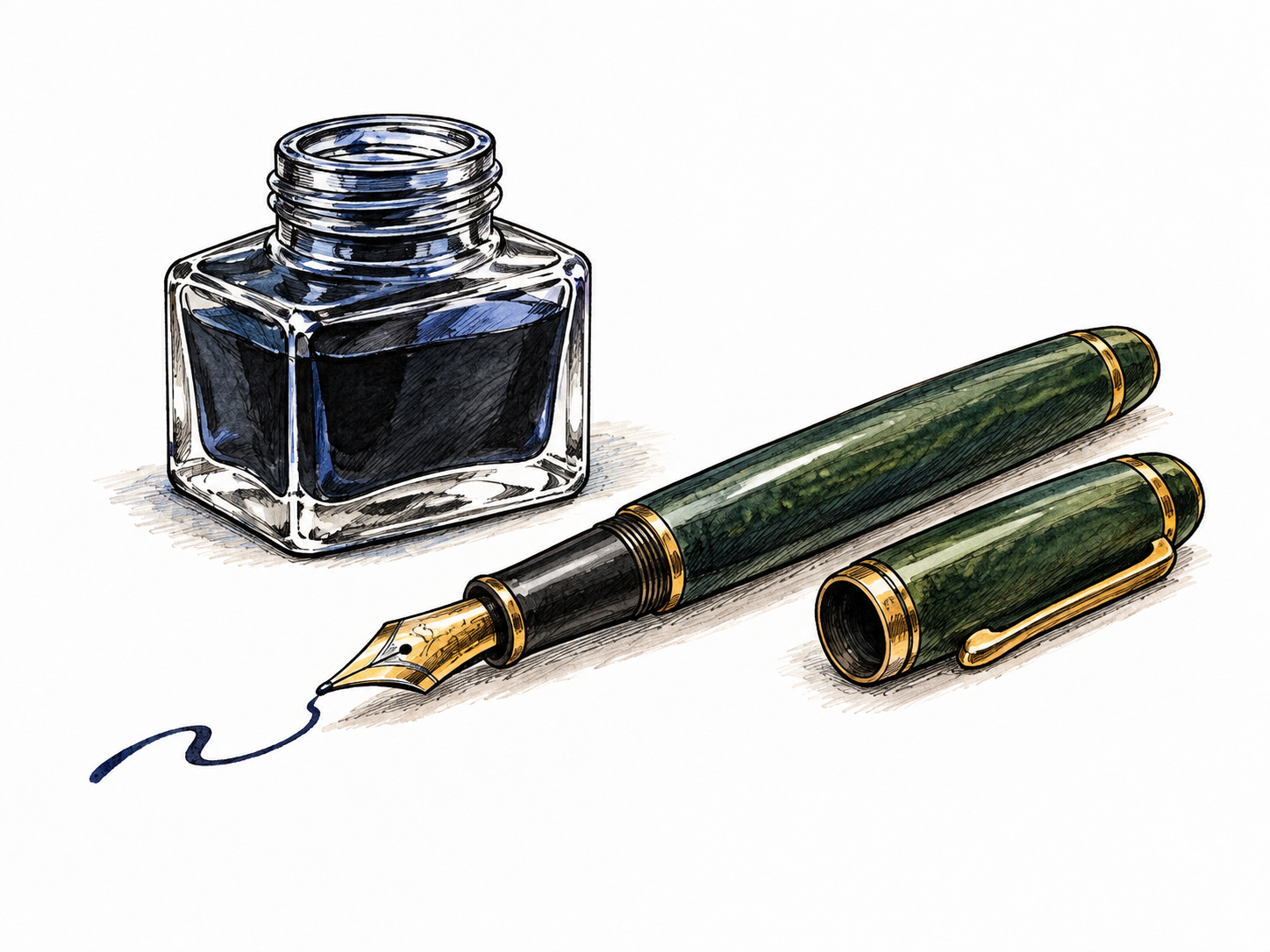 A plain fountain pen lying diagonally beside a small ink bottle with a single short ink stroke on otherwise blank paper, detailed nib and cap, no logo.