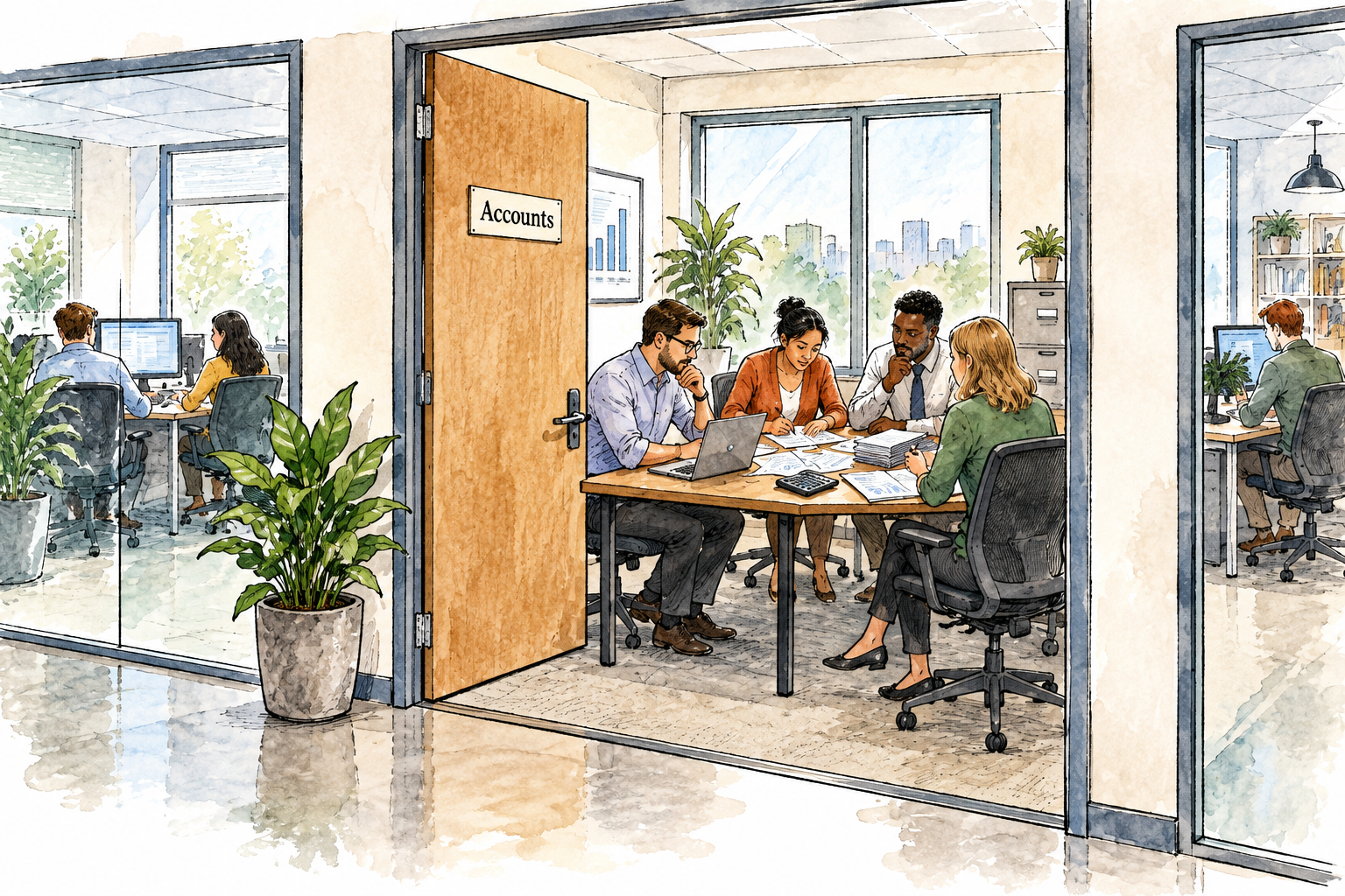 One accounting team holds a focused meeting within its distinct office area, other teams visible in separate rooms; only essential door label 'Accounts', no other text.
