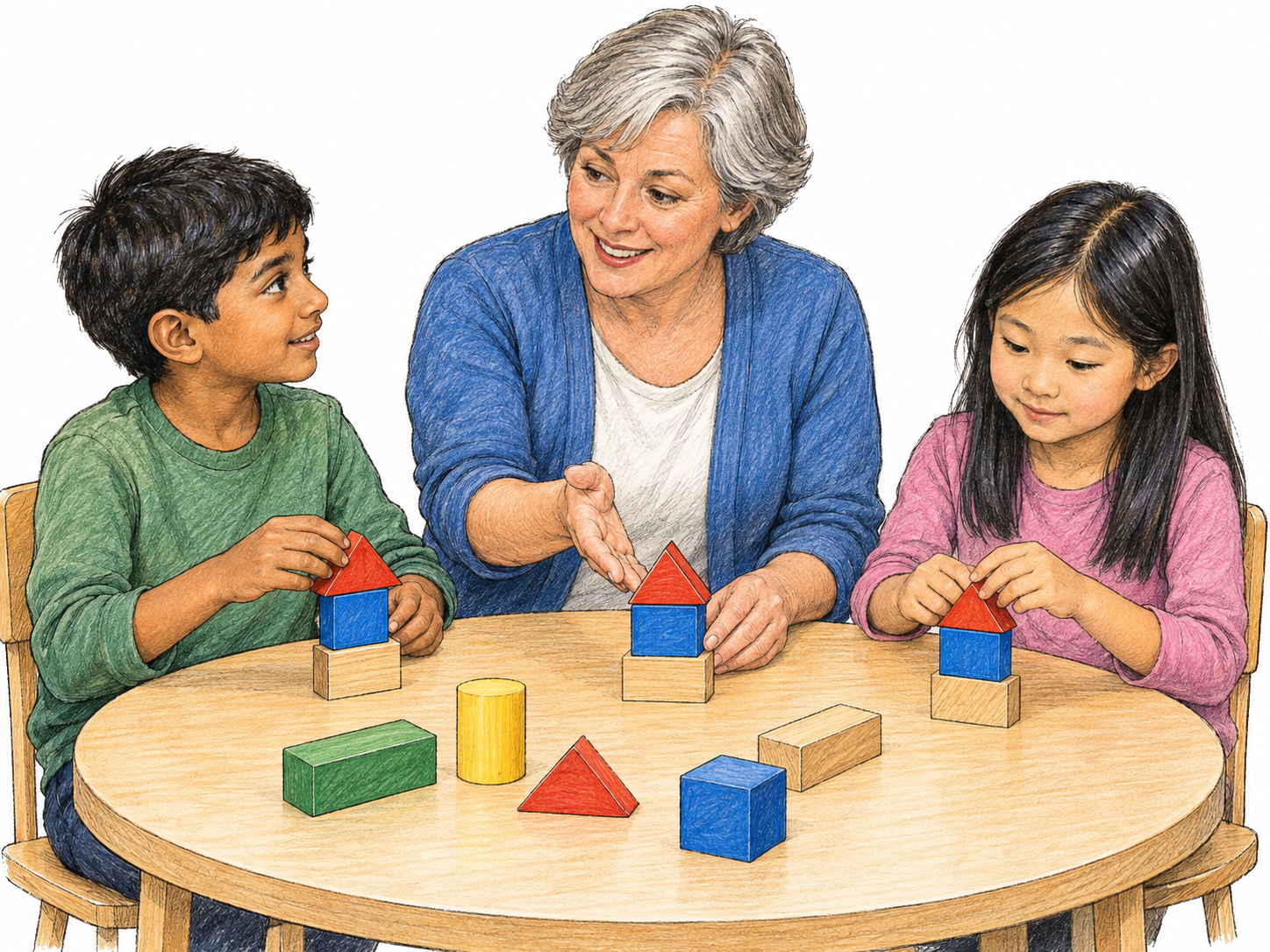 An educator seated at a small table patiently demonstrates how to arrange simple wooden geometric blocks while two attentive students try matching arrangements.